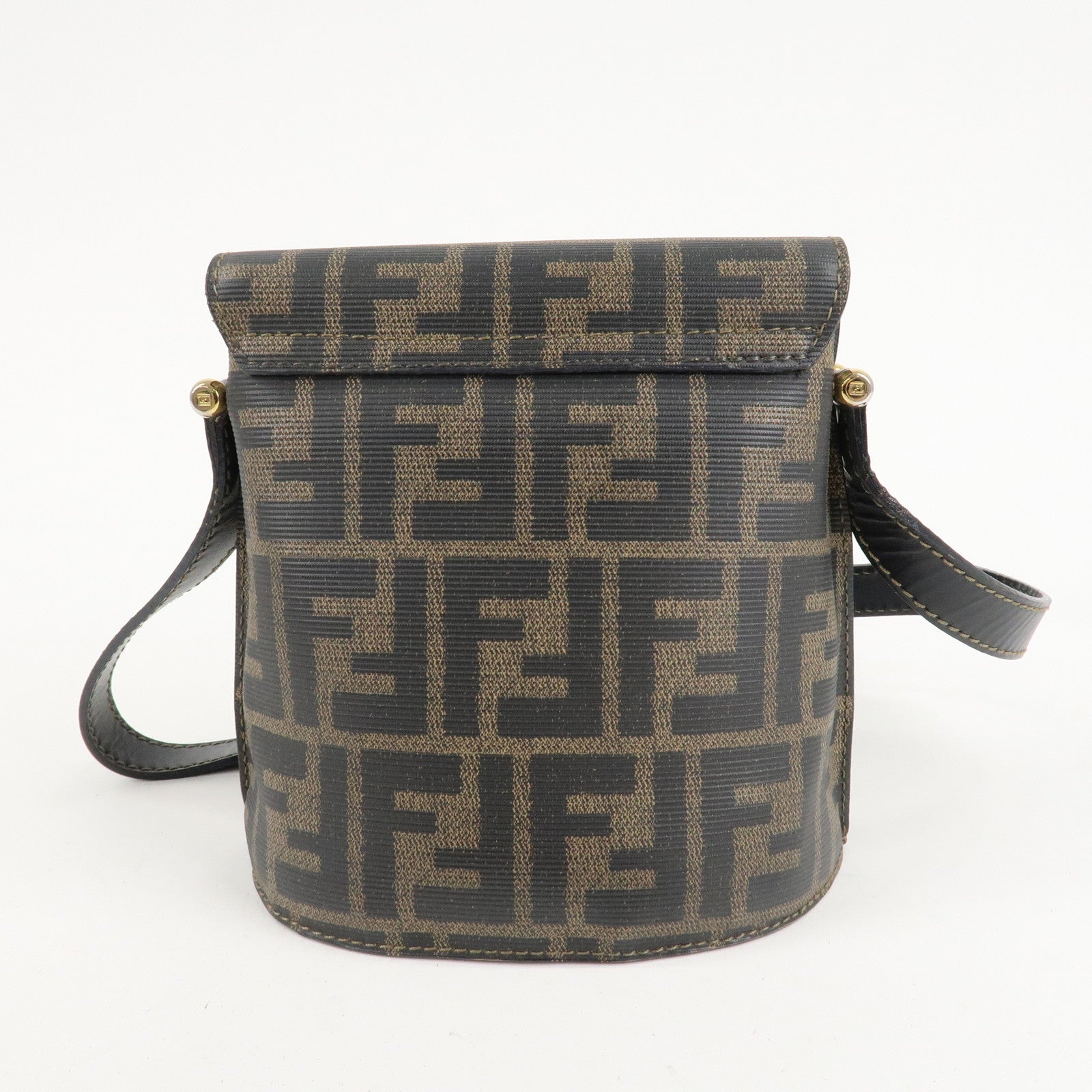 FENDI Zucca Logo Print PVC Leather Shoulder Bag Black Brown