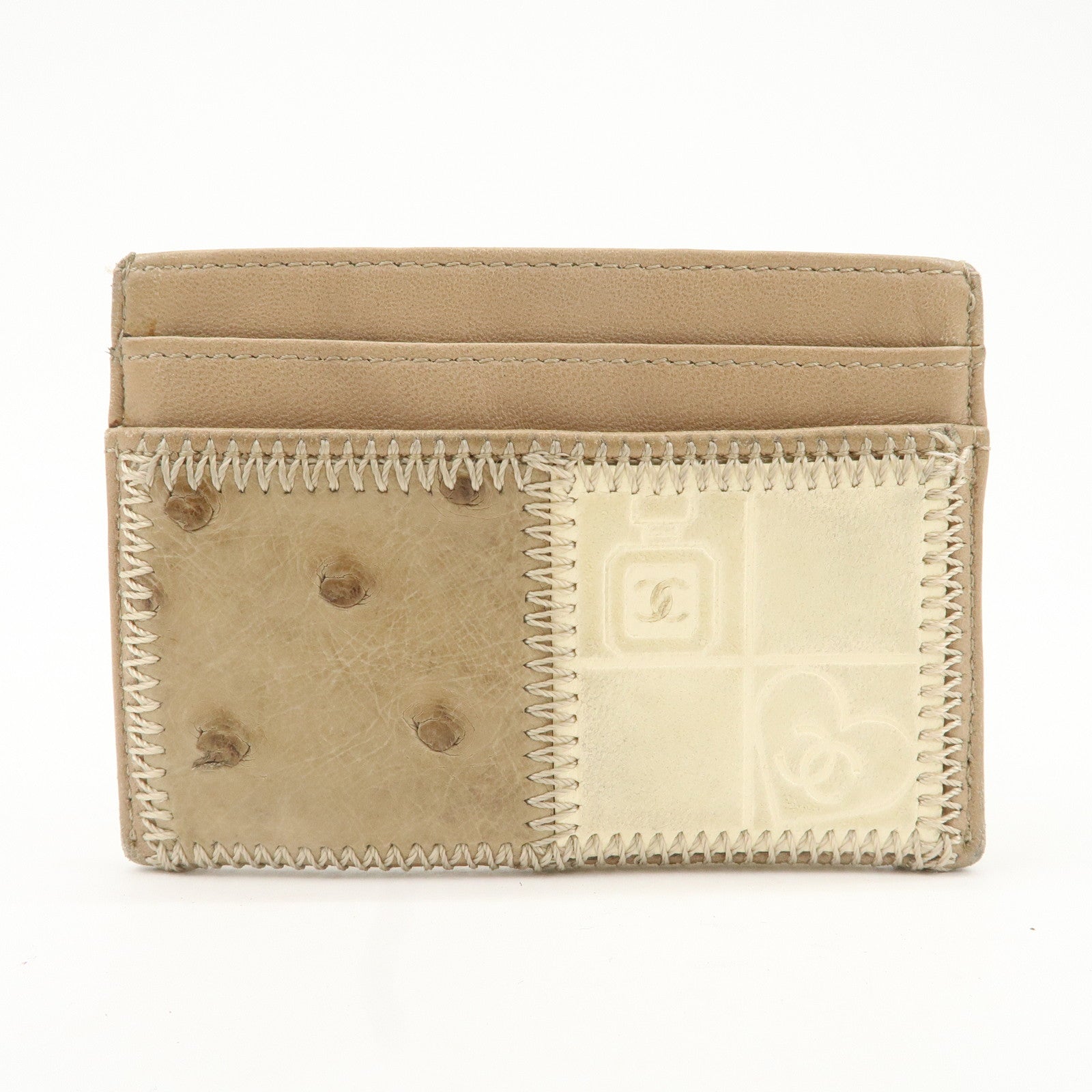 CHANEL Leather Icon Patch Work Card Case Beige