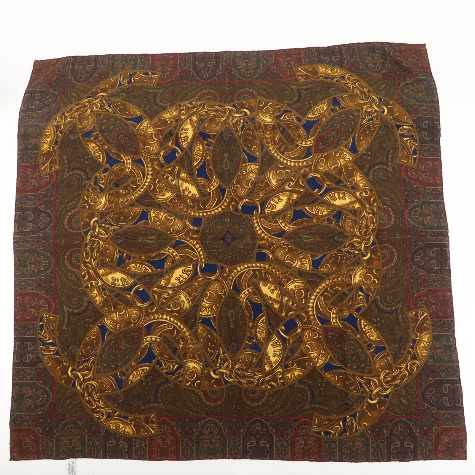 CHANEL Scarf Silk 100 % Chain Paisley Pattern Navy Gold Brown