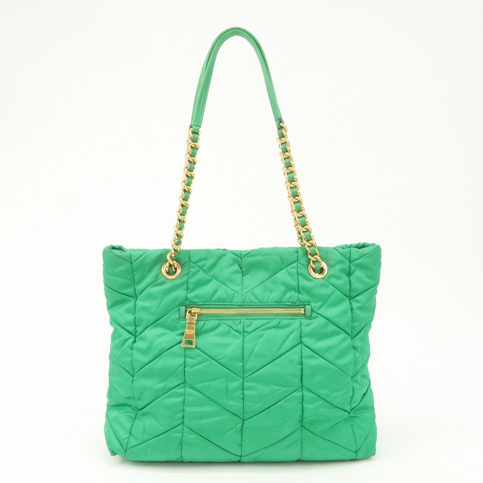 PRADA Triangle Logo Nylon Leather Chain Tote Bag Green BR4383 Used