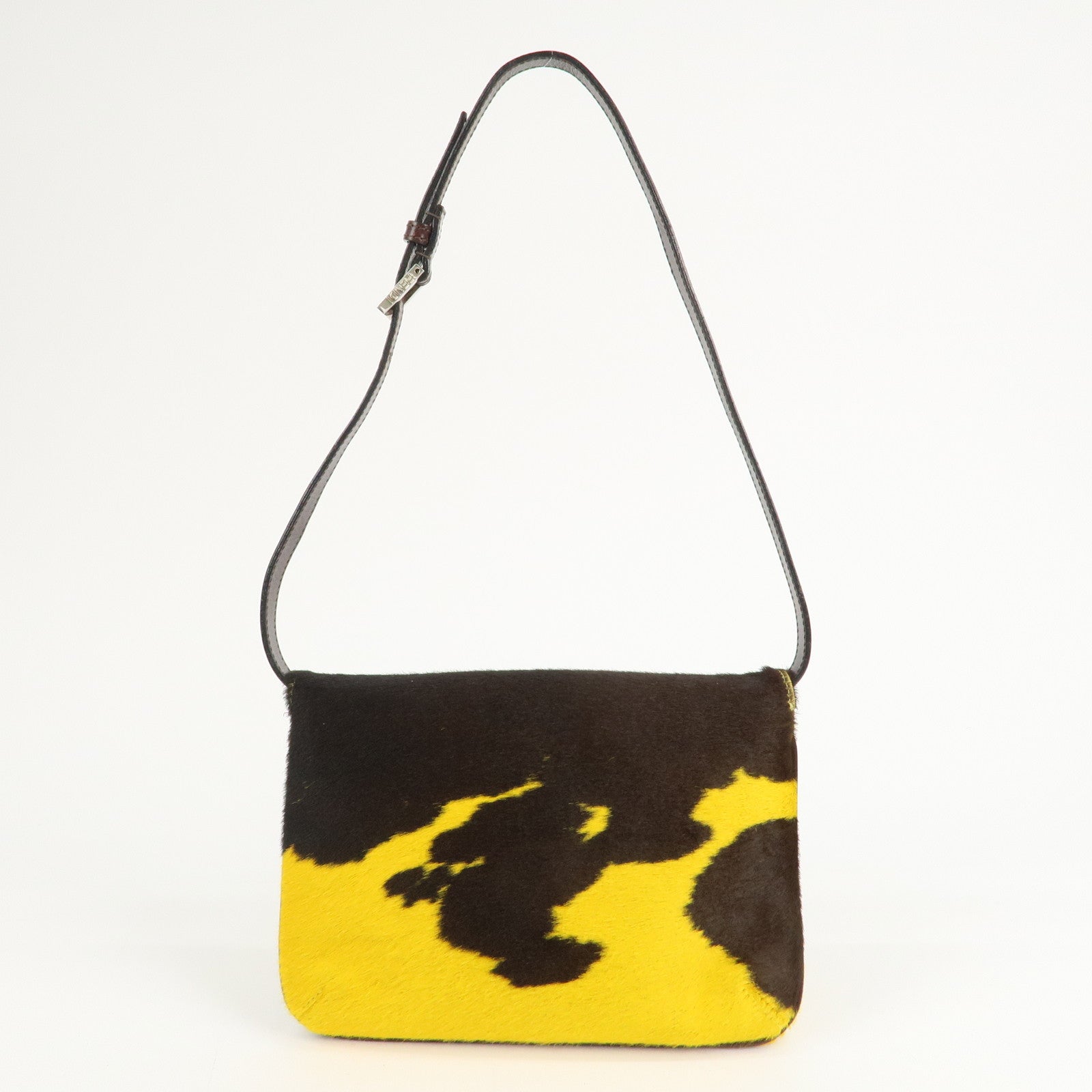 FENDI COW Unborn Calf Leather Shoulder Bag Yellow Brown Used