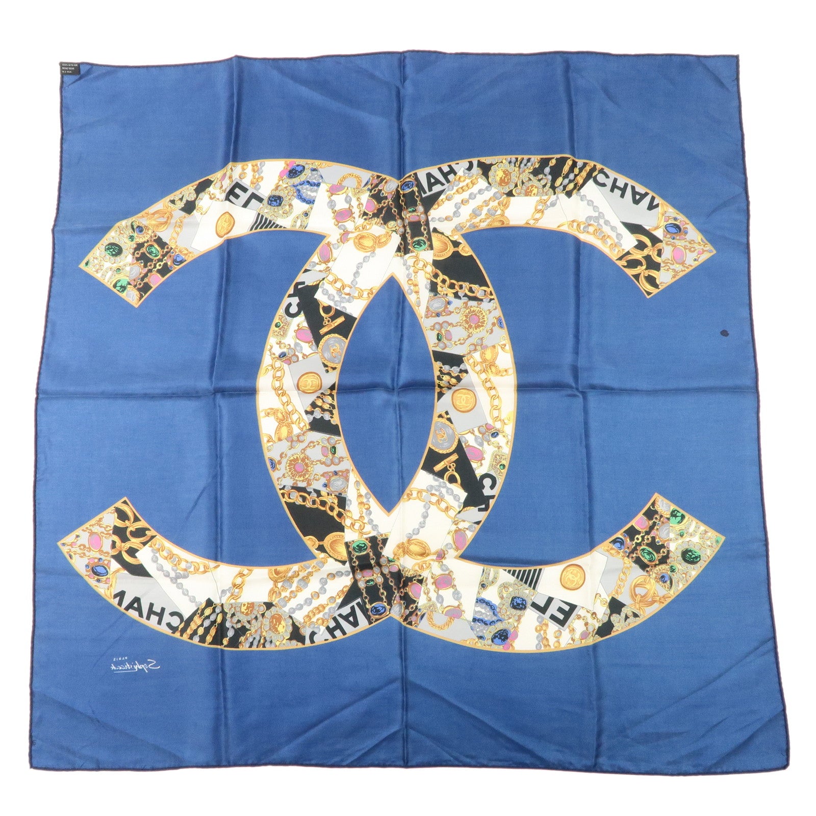 CHANEL COCO Mark Scarf Silk 100 % Navy Blue Gold Used