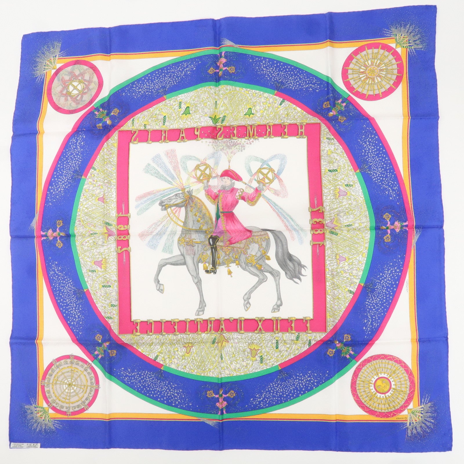 Hermes Carre 90 Silk 100% Scarf Feux D
Artifice Horse Print Blue