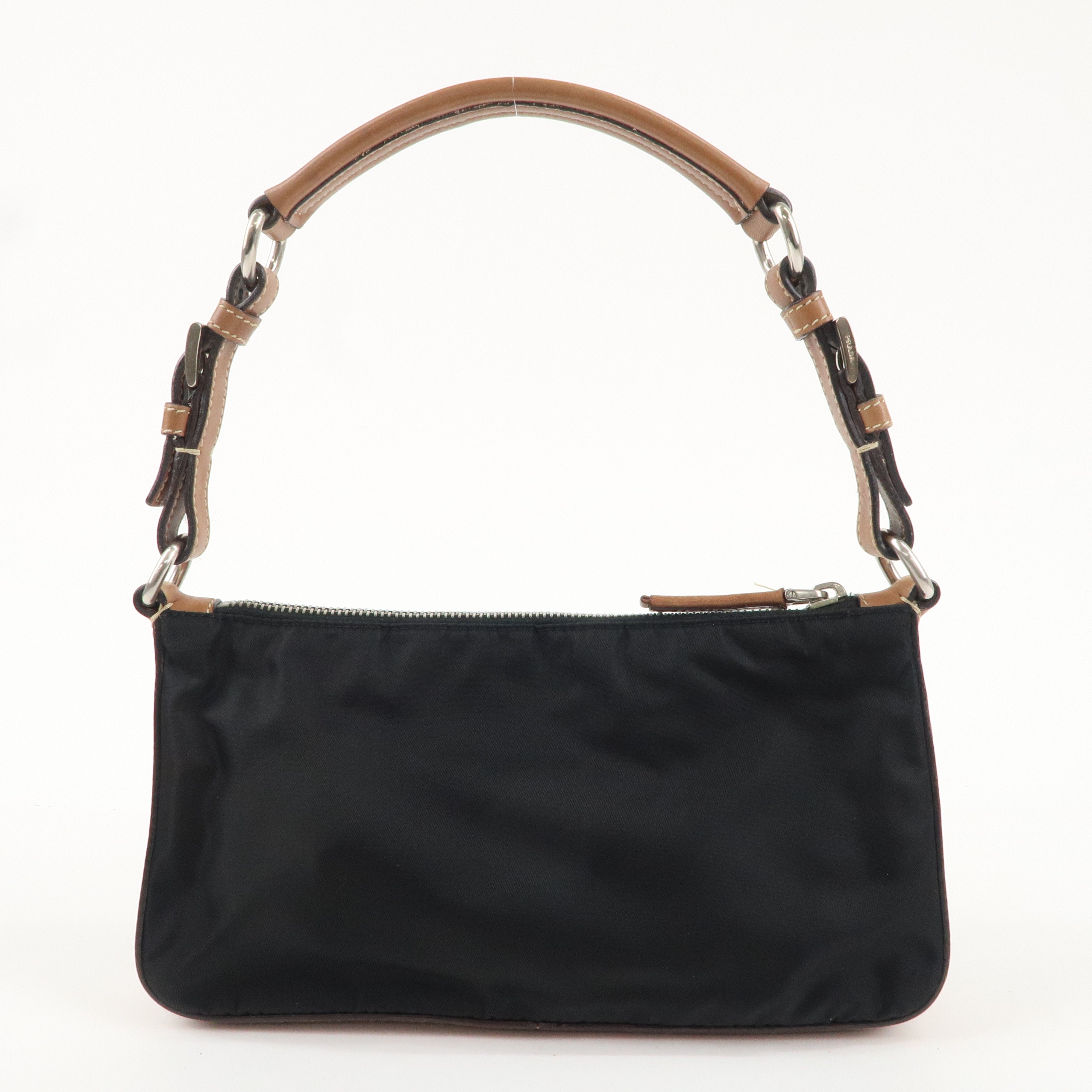 PRADA Nylon Leather Shoulder Bag Black Brown BR2206