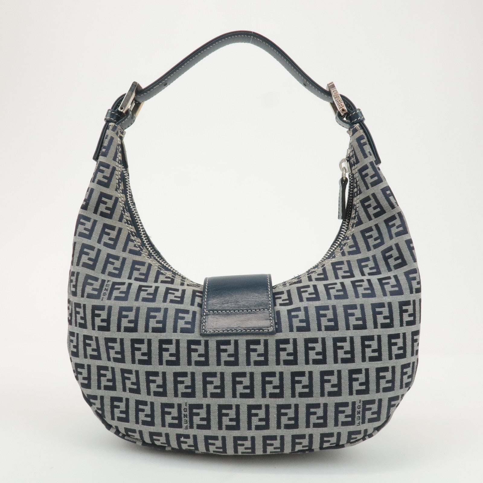 FENDI Zucchino Canvas Leather Shoulder Bag Navy Grey