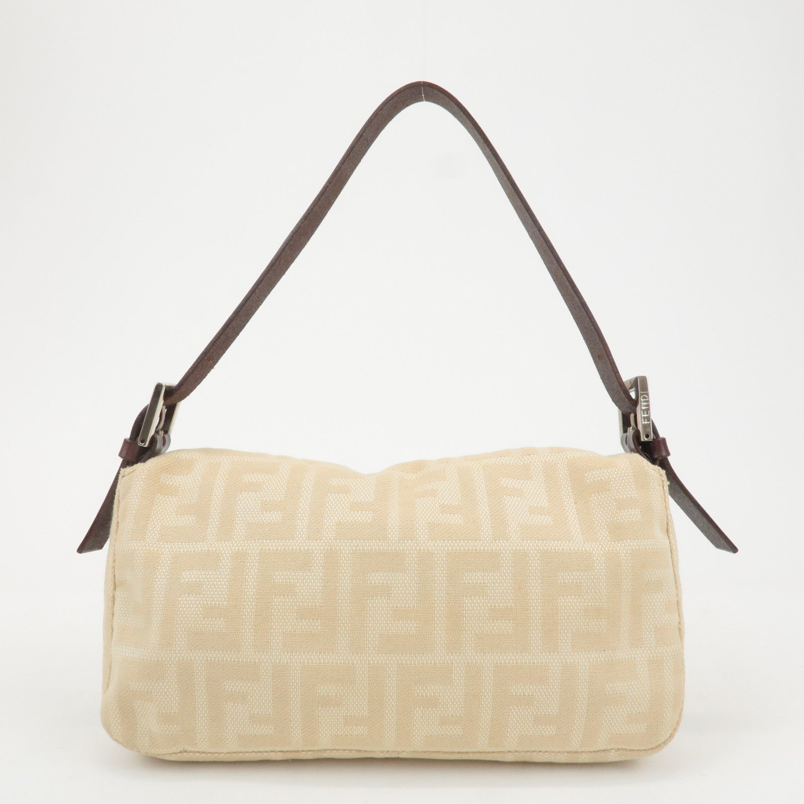 FENDI Mamma Baguette Canvas Leather Shoulder Bag Beige 26424