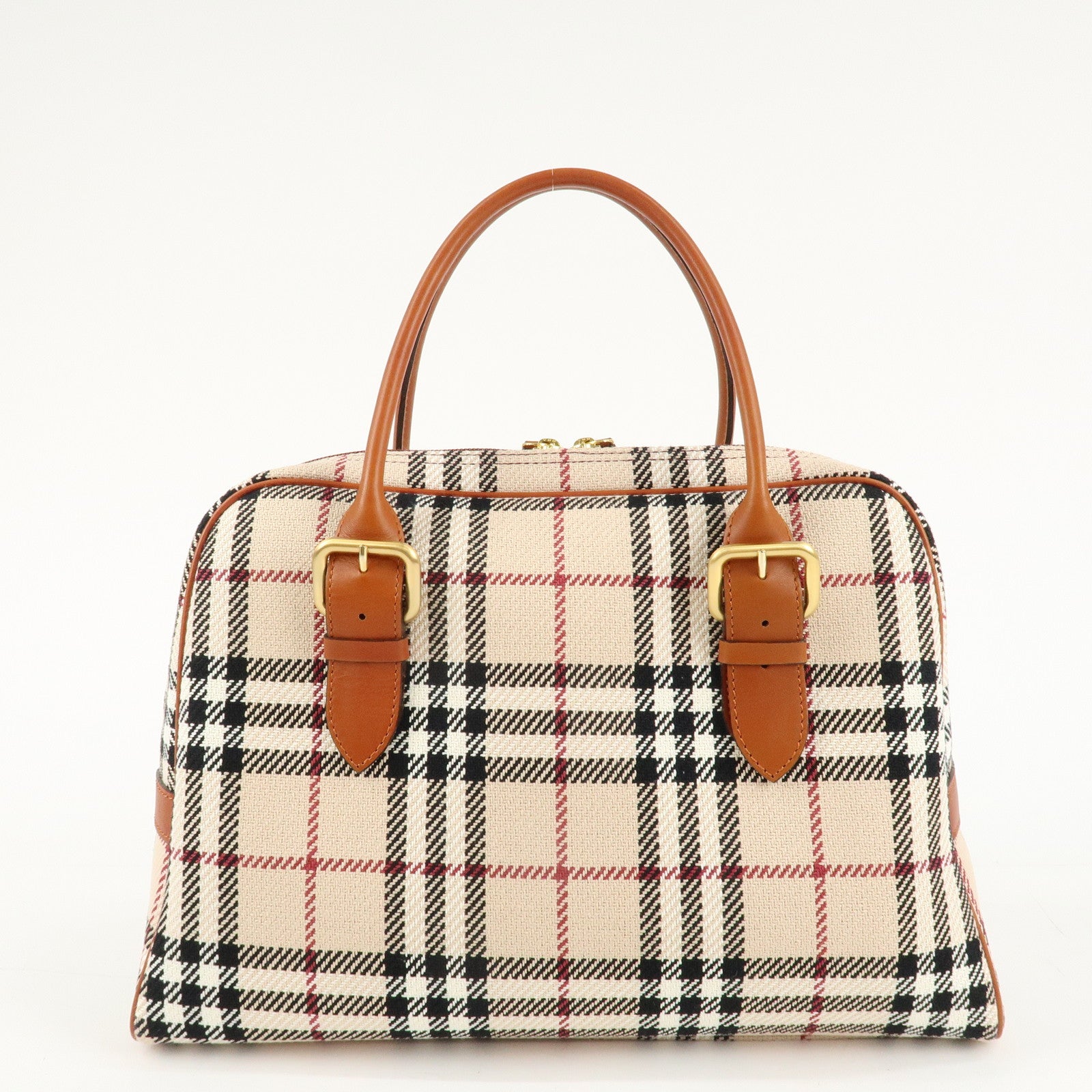 BURBERRY Leather Hand Bag Boston Bag Nova Plaid Brown