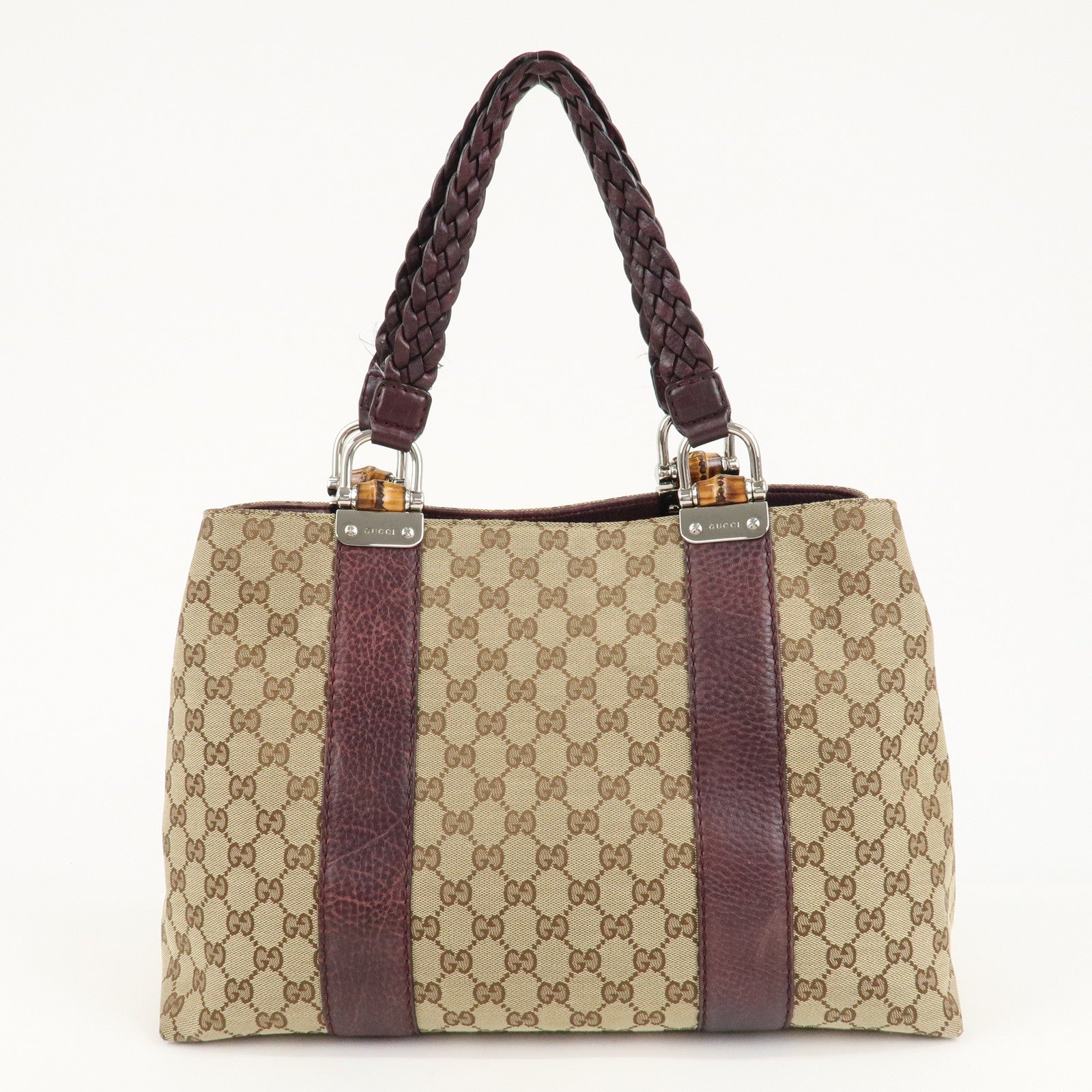 GUCCI Bamboo Bar GG Canvas Leather Tote Bag Beige Brown 232947