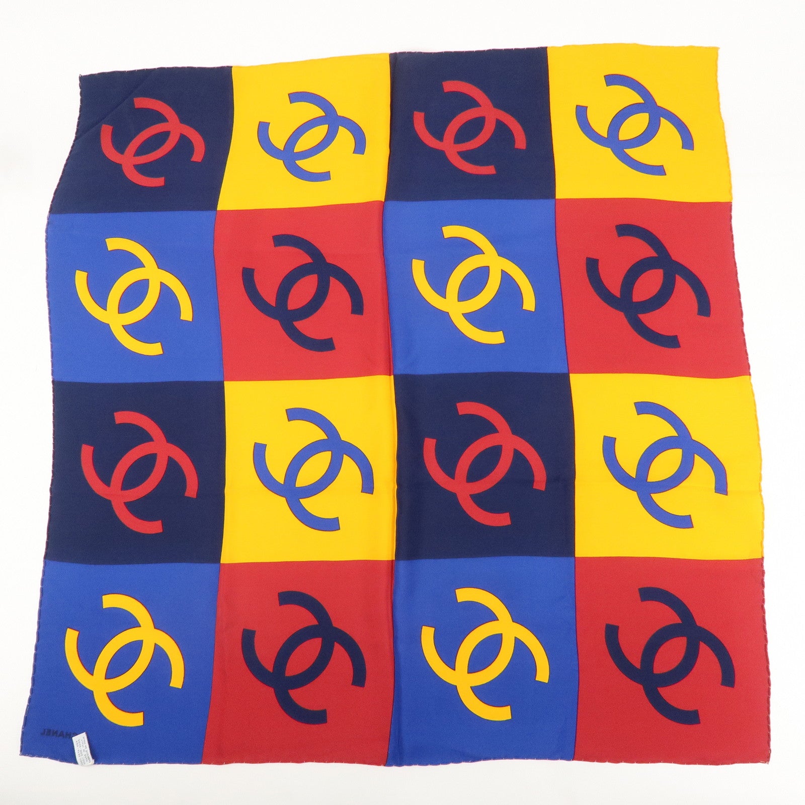 CHANEL 100% Silk Scarf 90×90 Blue Yellow Red