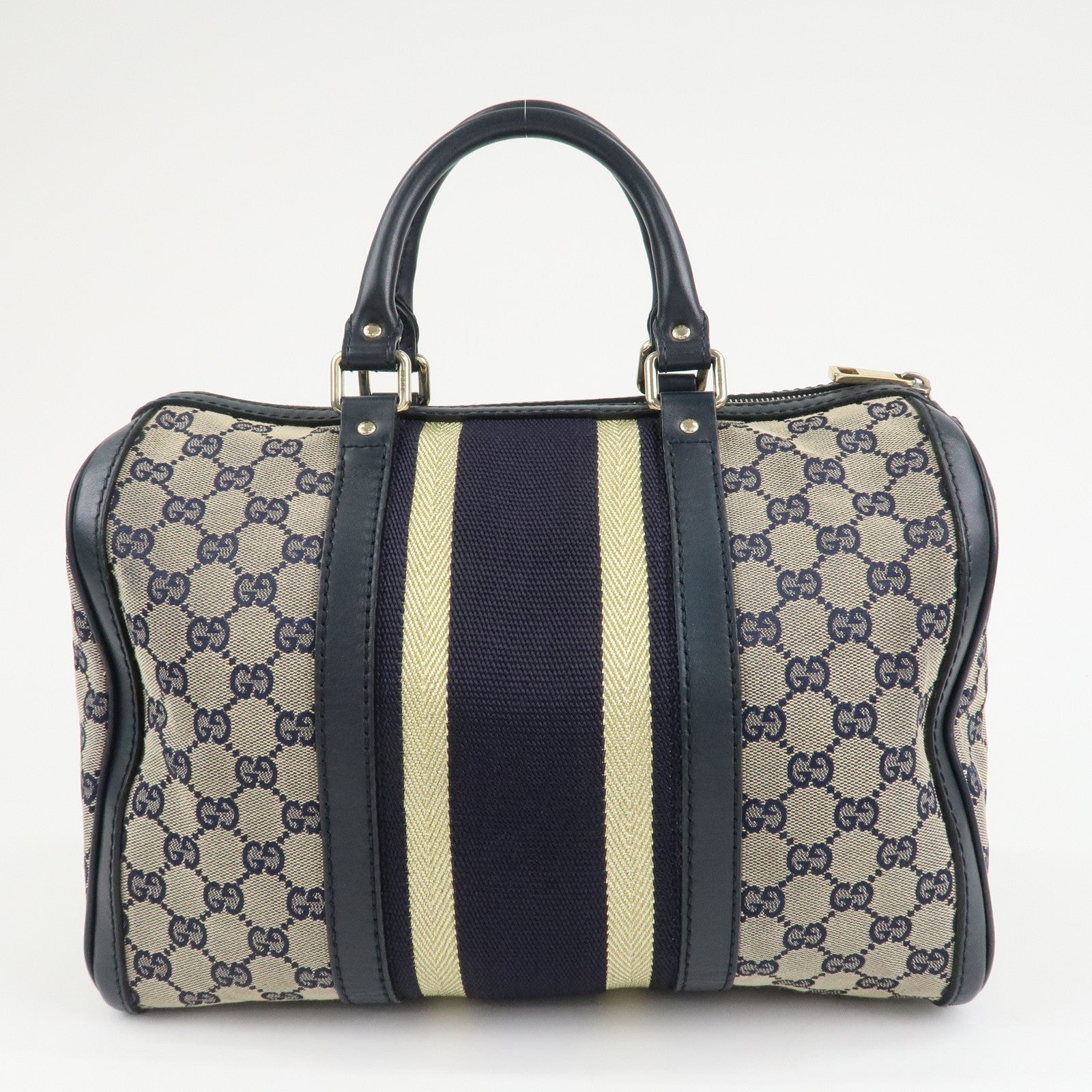 GUCCI Sherry GG Canvas Leather 2Way Boston Bag Navy 247205 Used