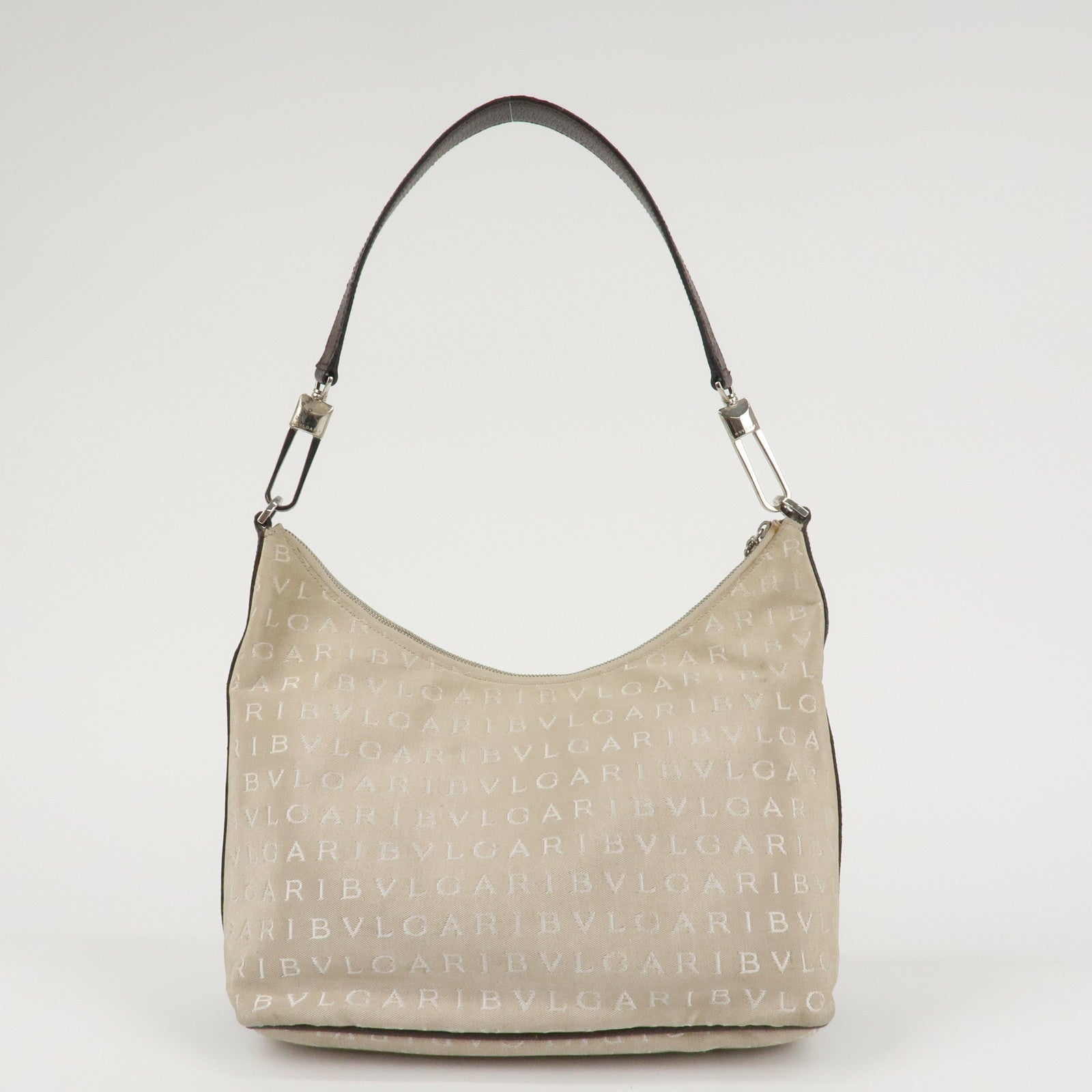 BVLGARI Logomania Canvas Leather Shoulder Bag Beige Dark Brown