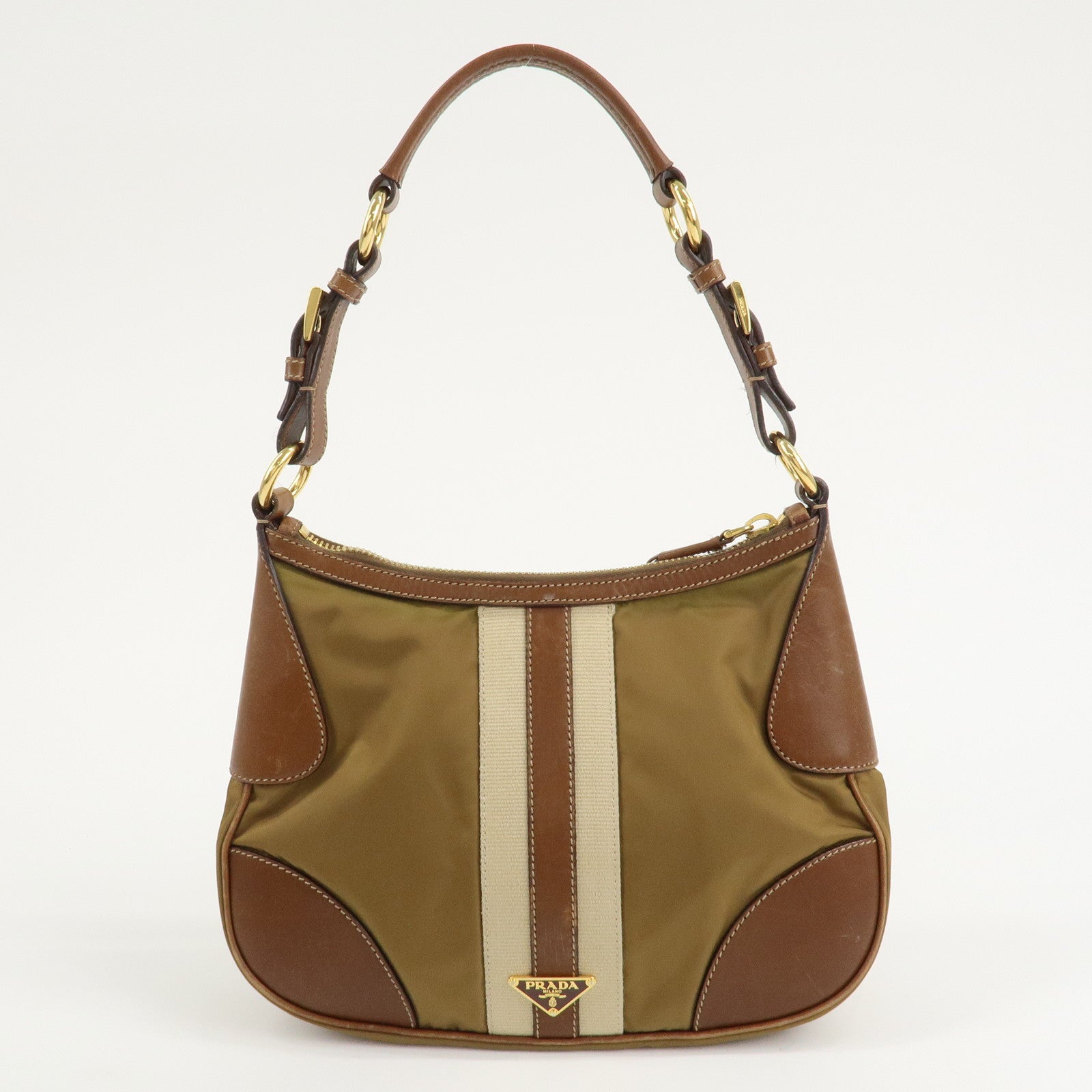 PRADA Nylon Leather One Shoulder Bag Beige Brown