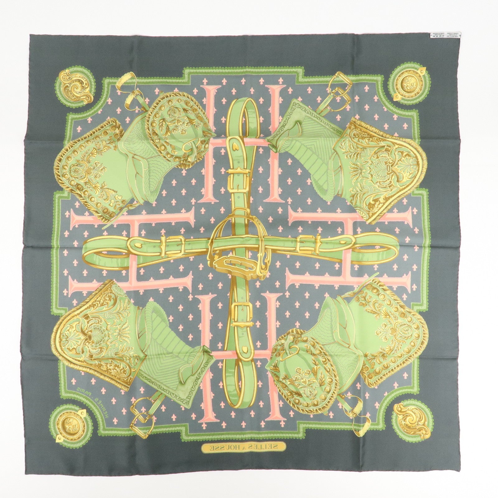 HERMES Carre 90 Silk 100% Scarf SELLES A HOUSSE Gray Green Pink Used