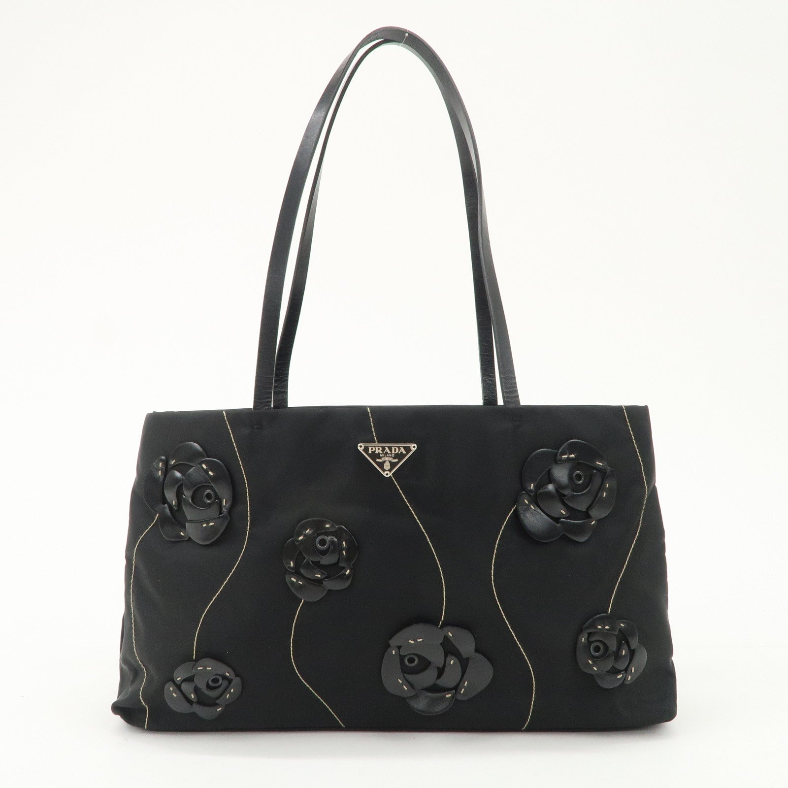 PRADA Traiangle Logo Nylon Leather Flower Tote Bag Black B11033 Used