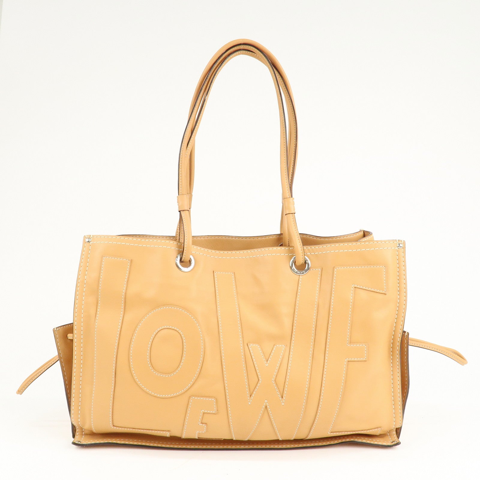 LOEWE Anagram Leather Shopper Tote Bag Shoulder Bag Light Brown Used