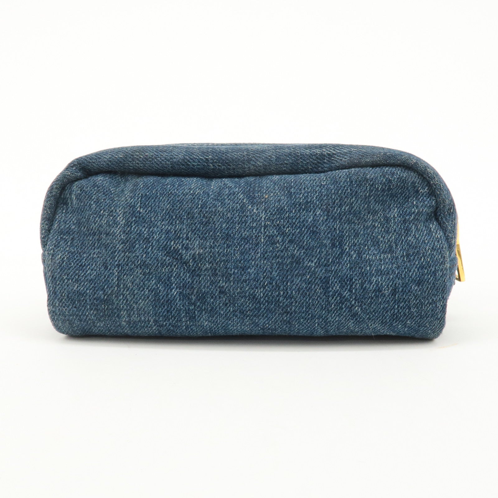 PRADA Logo Denim Pouch Cosmetic Pouch Blue Gold Hardware