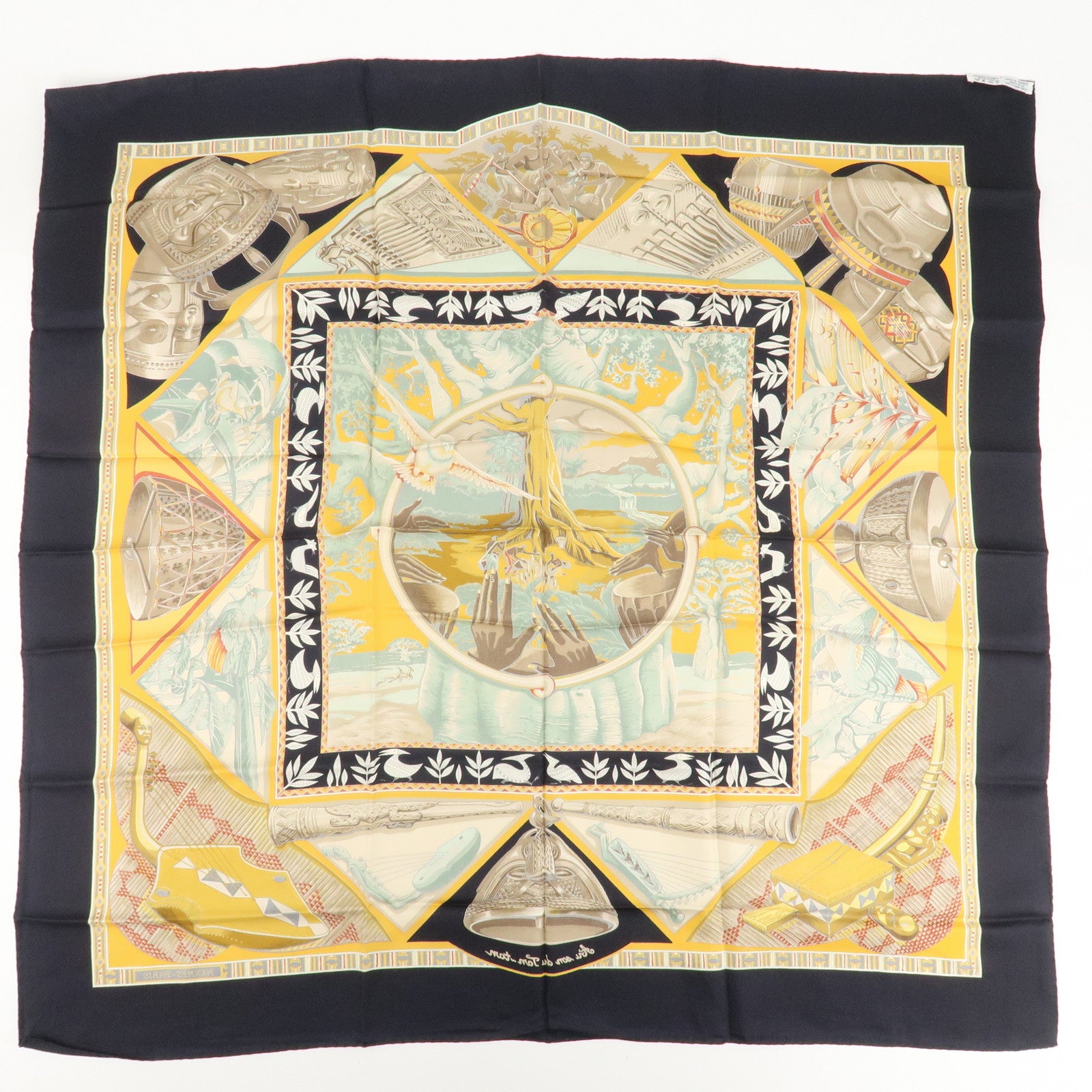 HERMES Silk 100% Carre 90 Scarf Au Son du Tam Tam Black Beige Used