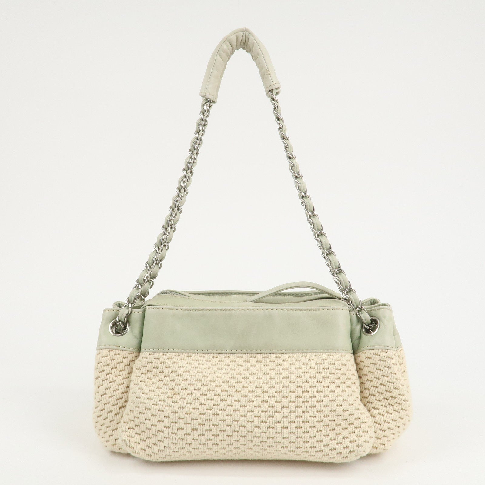 CHANEL Cotton Leather Chain Shoulder Bag Ivory Light Green Used