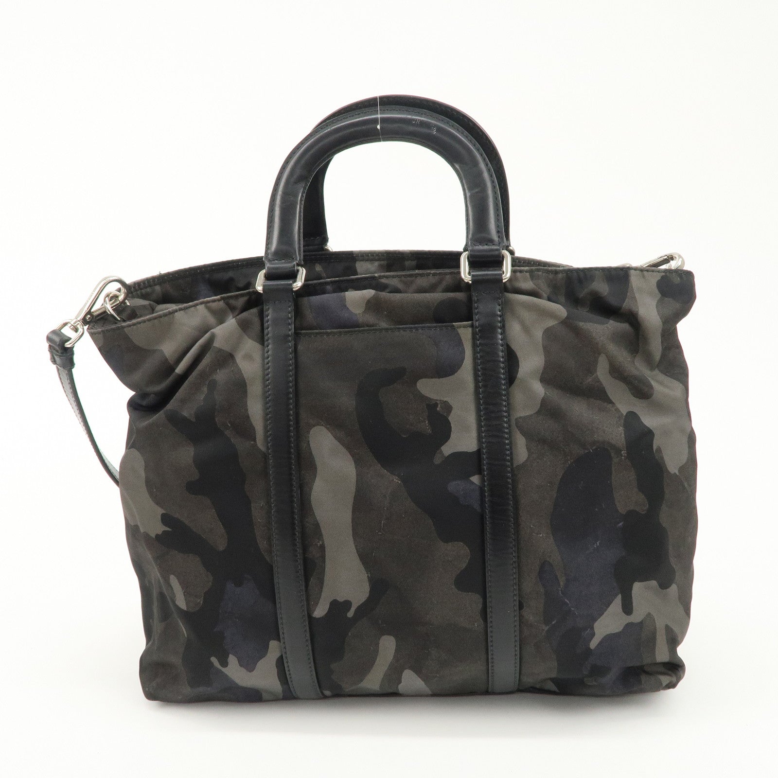 PRADA Nylon Leather 2Way Hand Bag Camouflage Khaki Black BN2791 Used