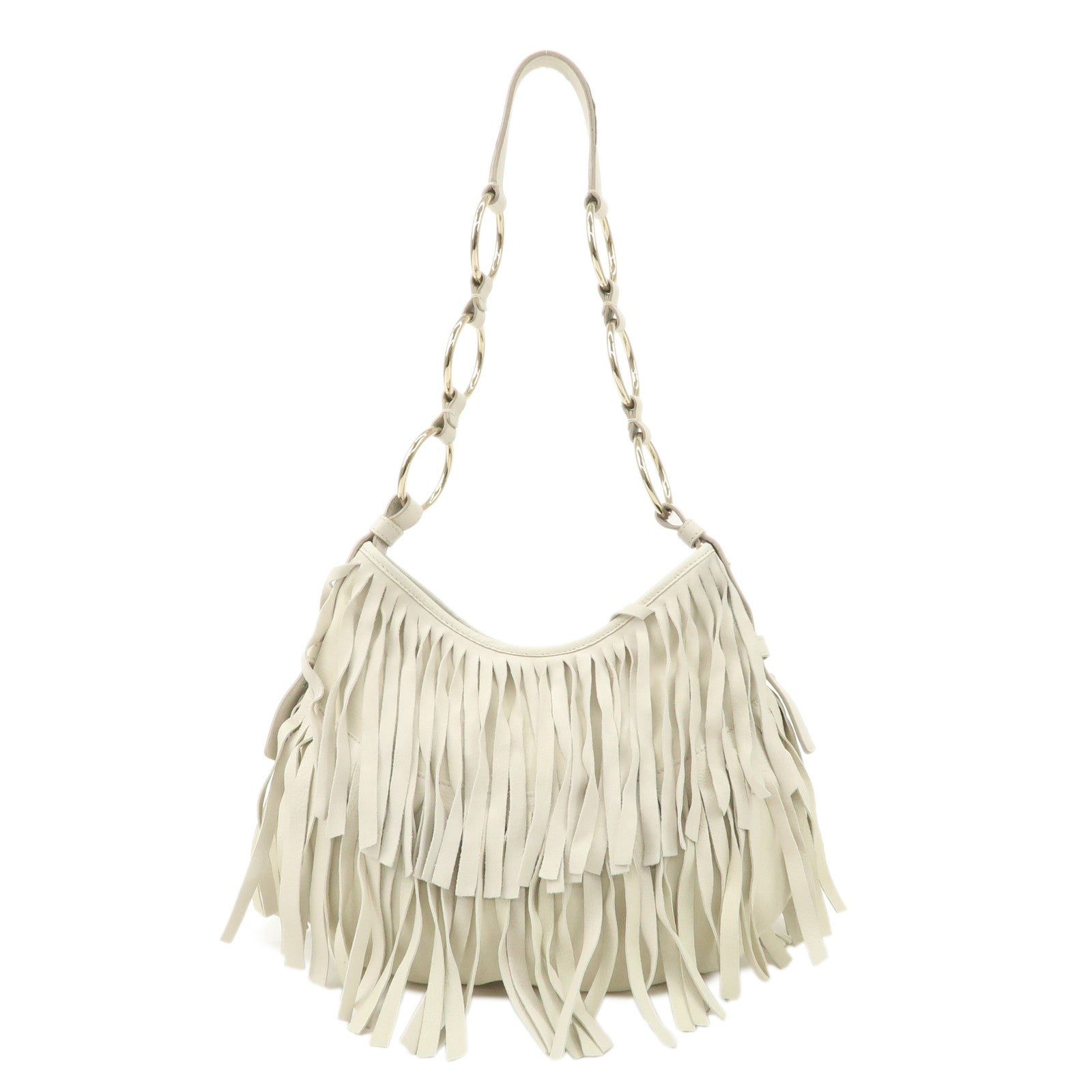 Saint Laurent Paris Suede Leather Fringe Shoulder Bag Ivory 138961 Used