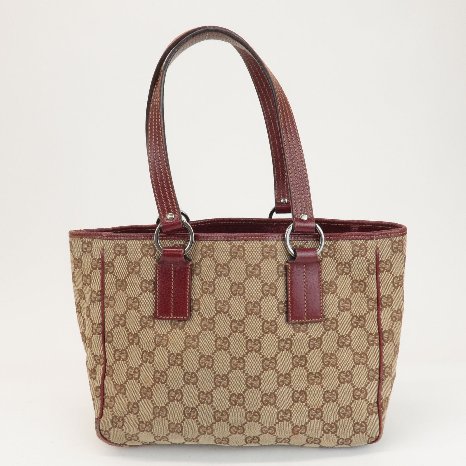 GUCCI GG Canvas Leather Tote Bag Hand Bag Beige Bordeaux 113019 Used