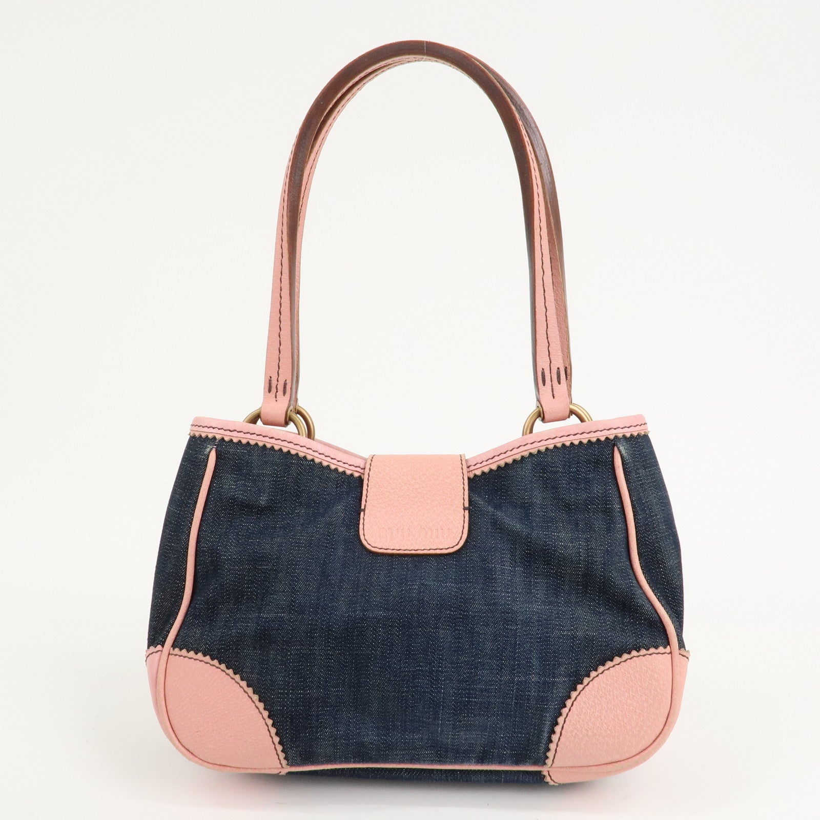 MIU MIU Denim Leather Indigo 2Way Tote Bag Shoulder Bag Pink Used