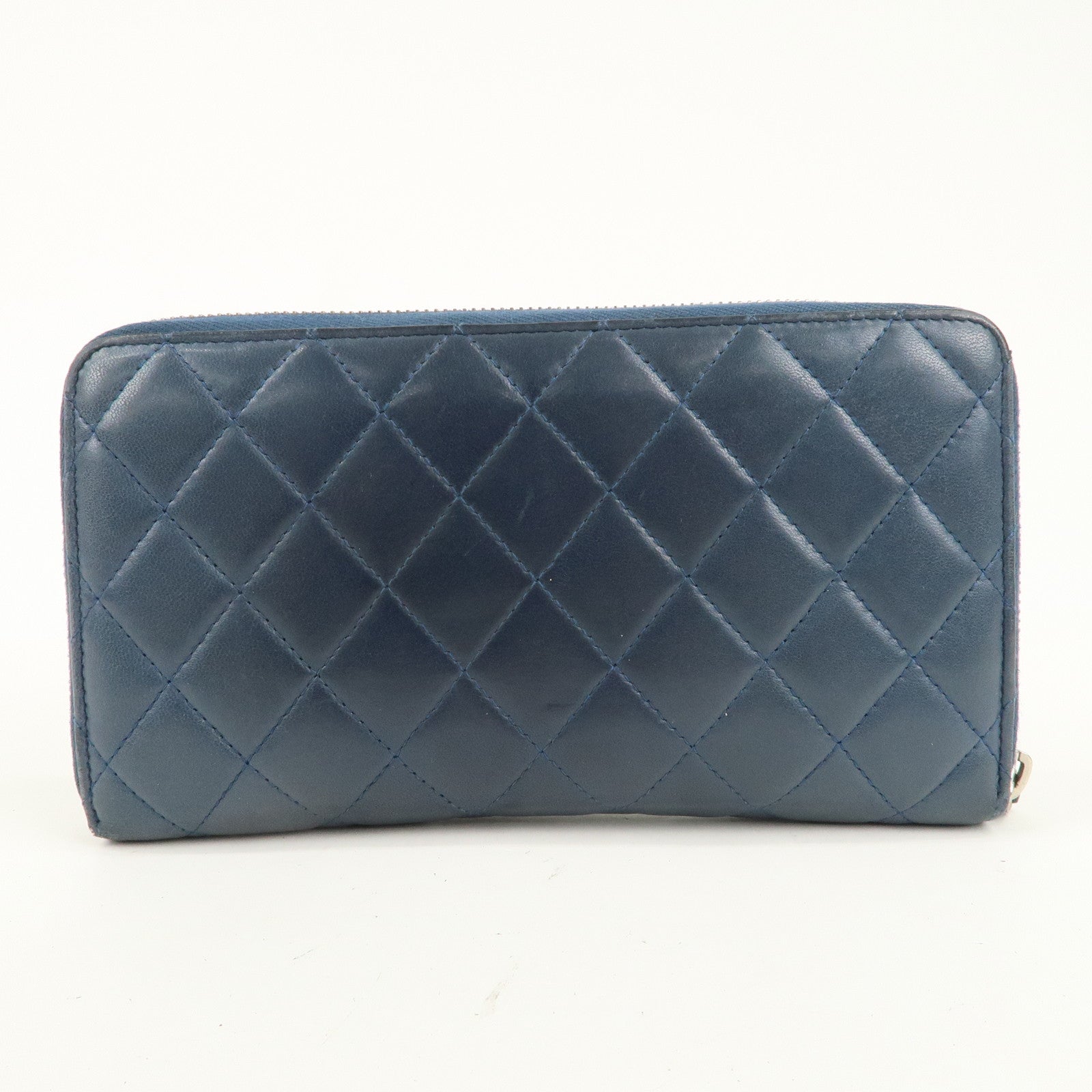 CHANEL Matelasse Lamb Skin Round Zippy Long Wallet Navy Silver HDW