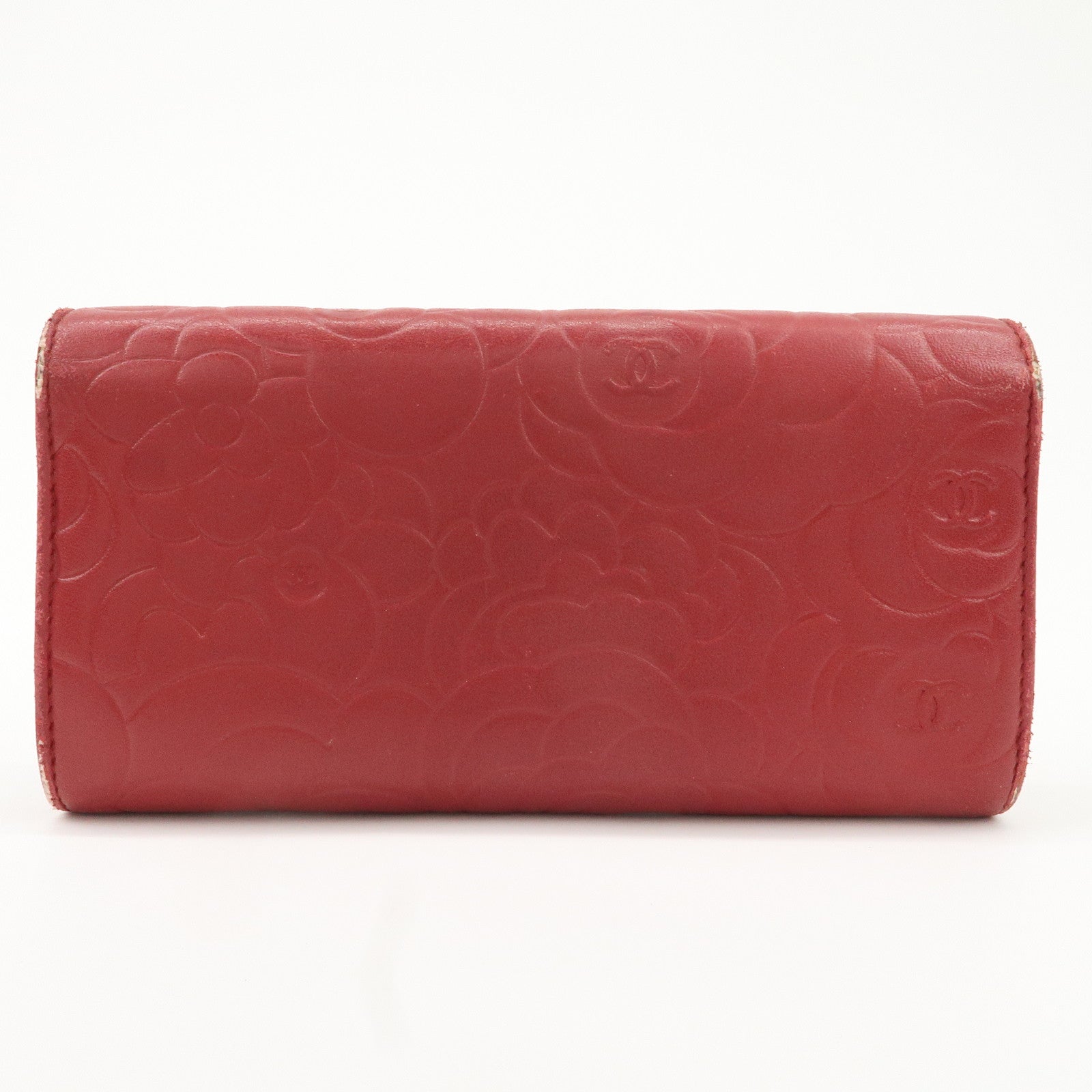 CHANEL Camelia Lamb Skin Bi-fold Long Wallet Red