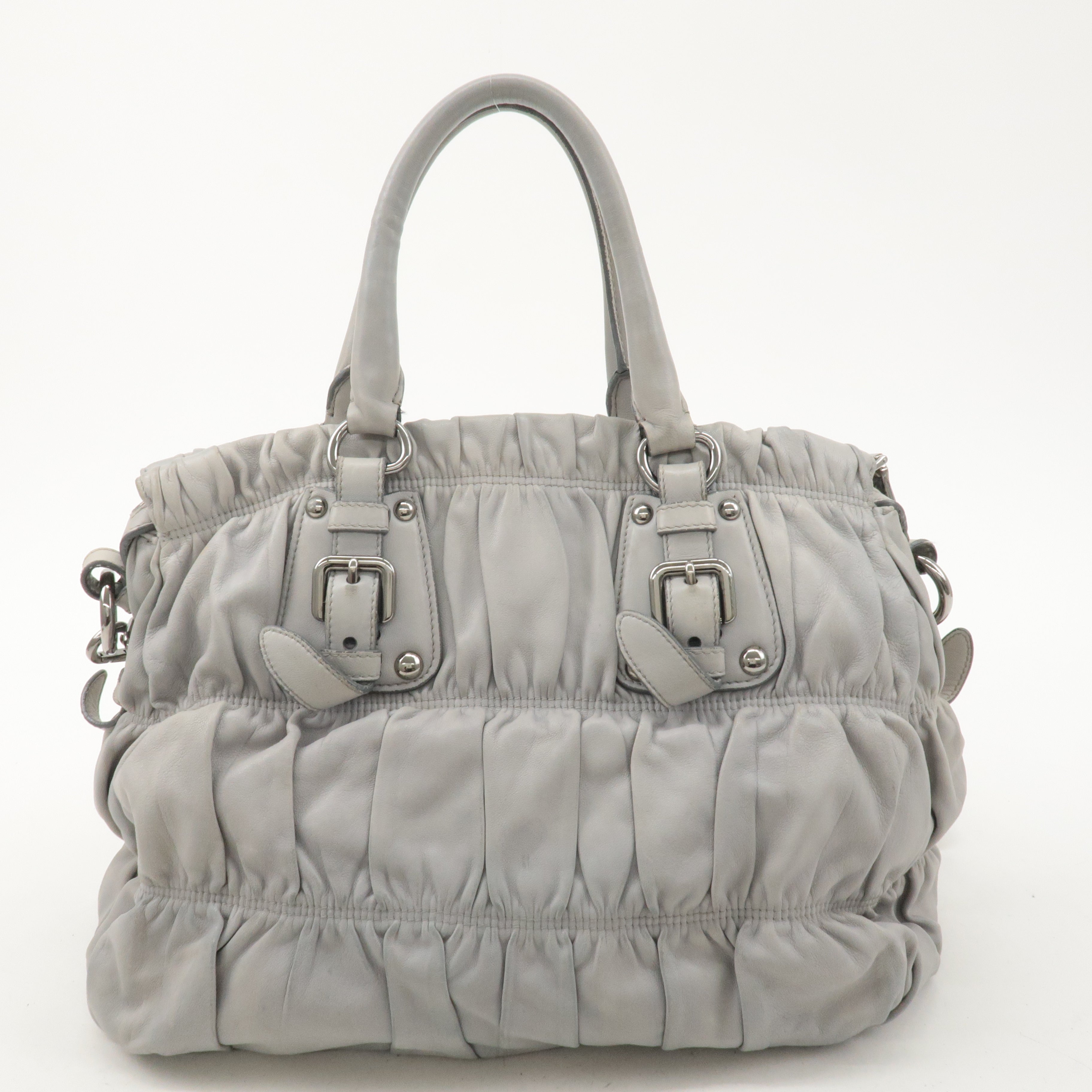 PRADA Leather 2Way Bag Hand Bag Shoulder Bag Light Gray