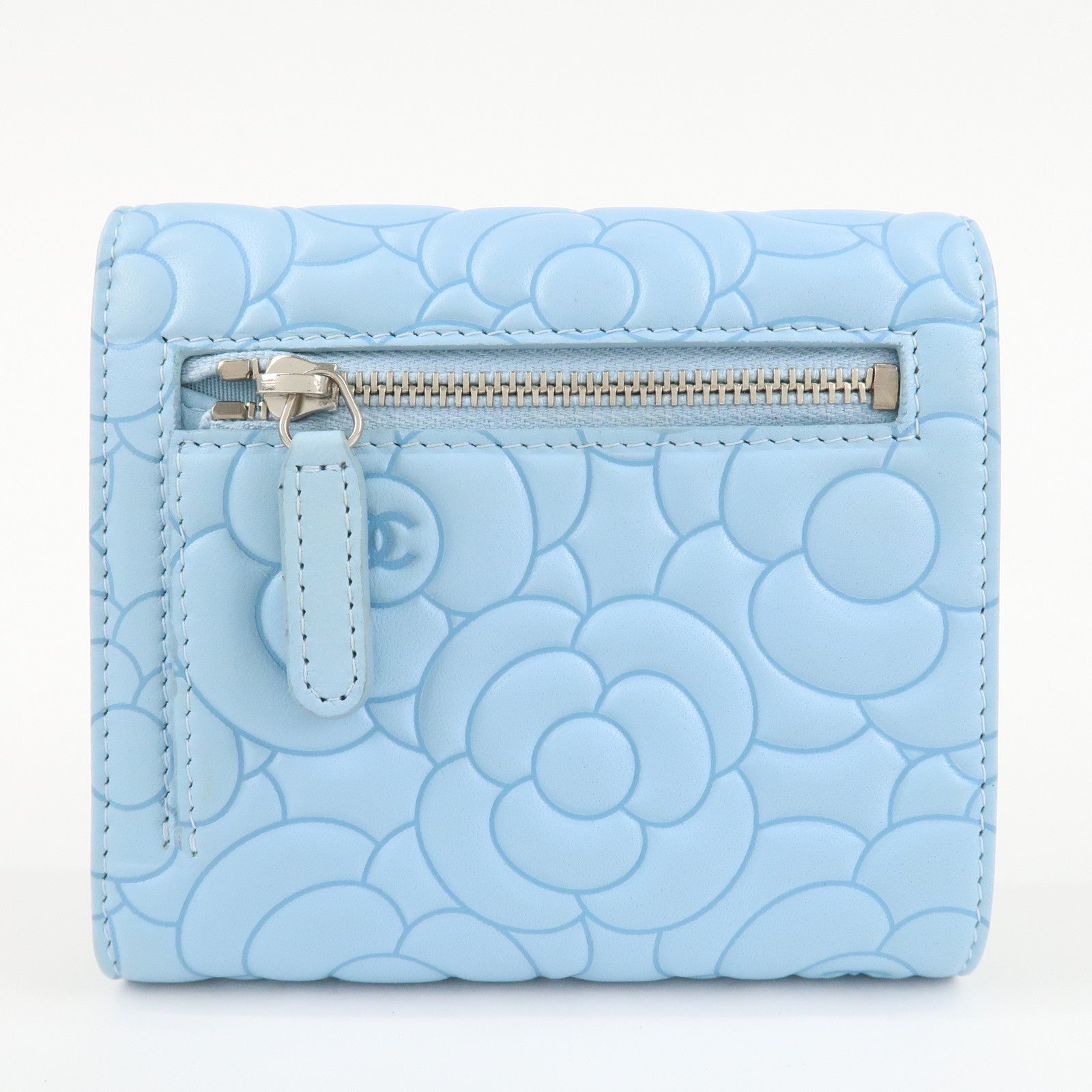 CHANEL Camelia Lamb Skin Bi-fold Wallet Blue Used