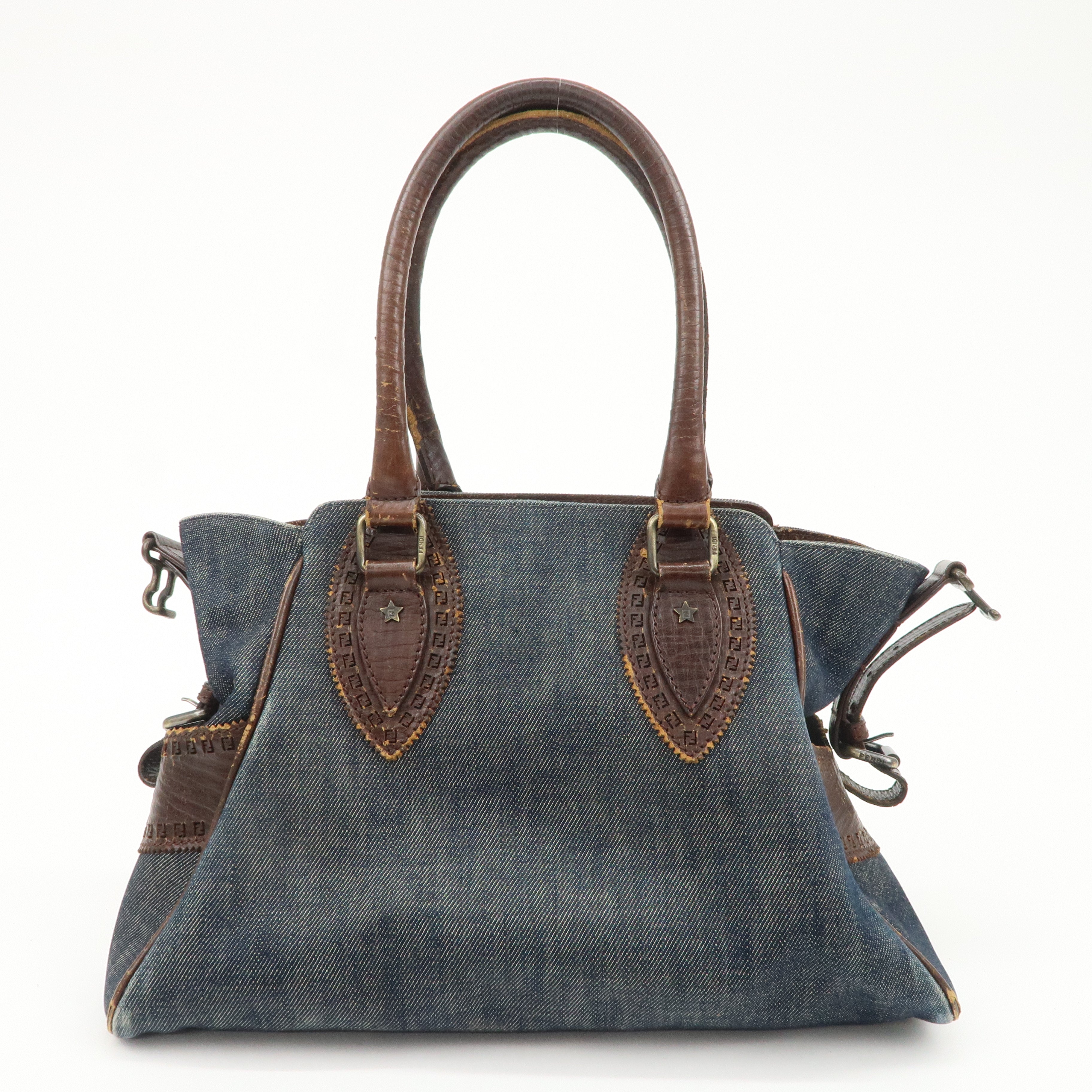 FENDI Ethnico Denim Leather Shoulder Bag Blue Brown 8BN157 Used