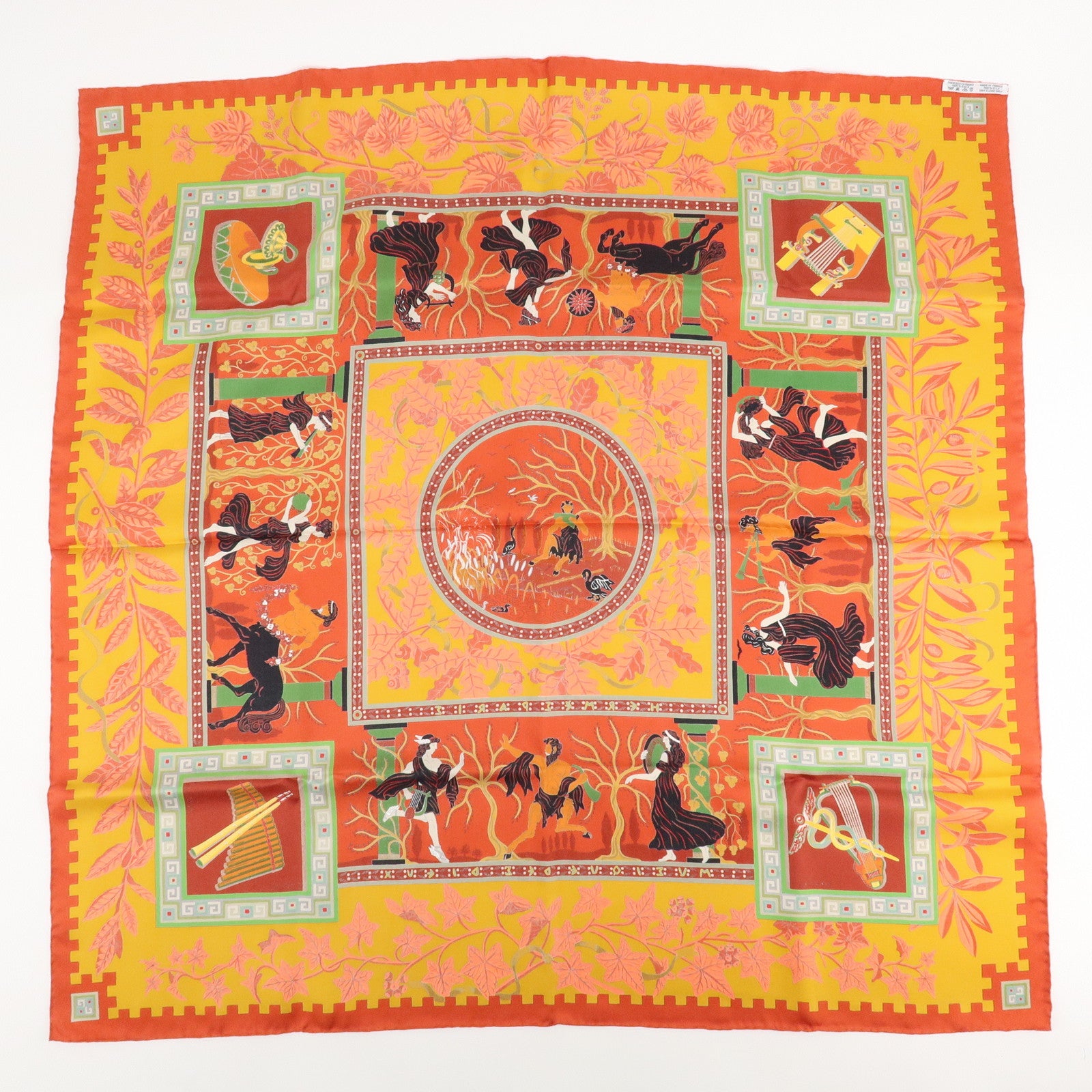 HERMES Carre 90 Silk 100% Scarf MUSIQUE DES DIEUX Red Orange Used