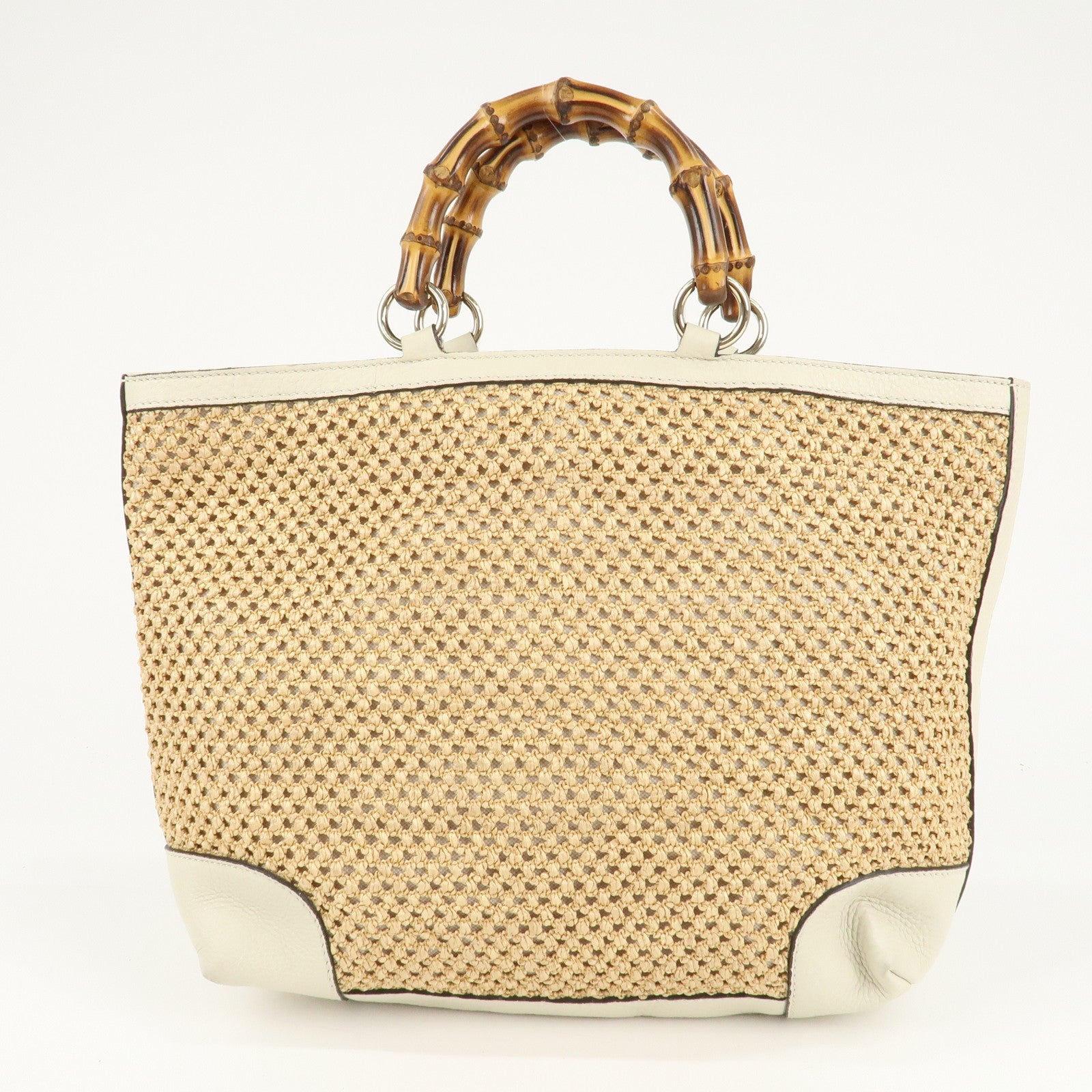 GUCCI Bamboo Raffia Leather Hand Bag Tote Bag Beige 338965 Used