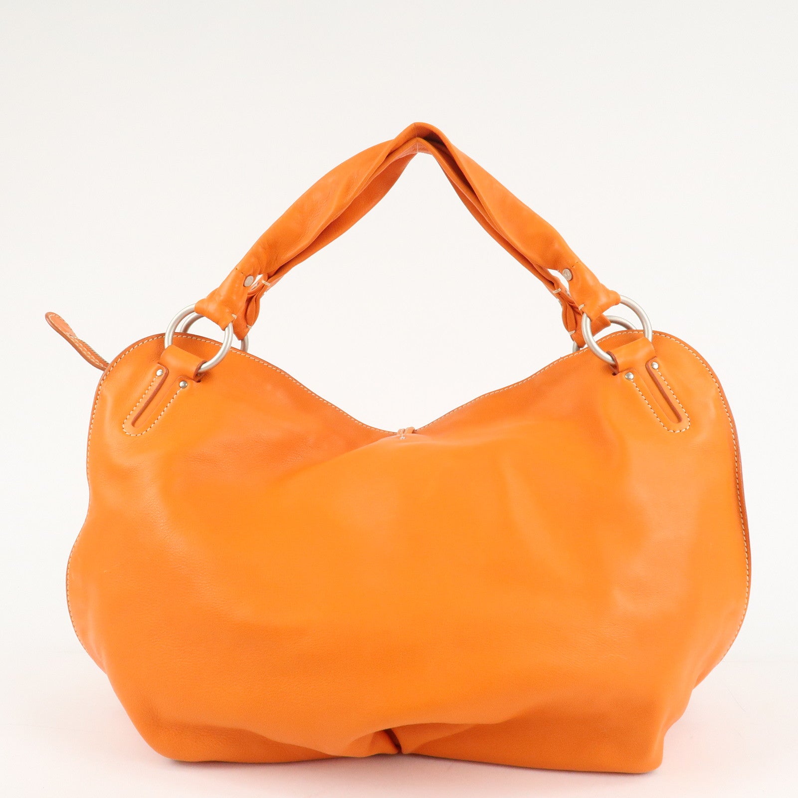 CELINE Leather Shoulder Bag Hand Bag Orange Silver HDW Used