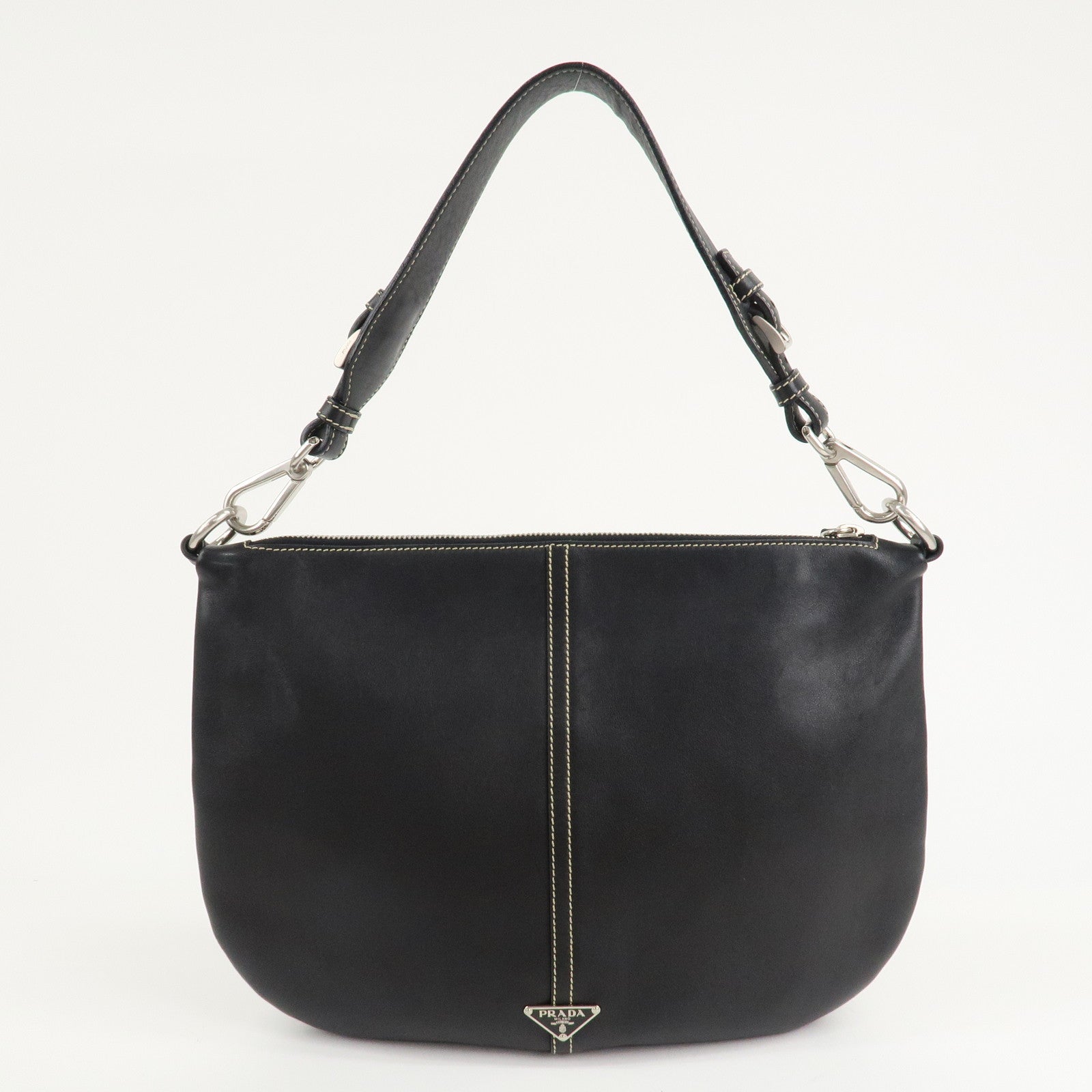 PRADA Leather Shoulder Bag Hand Bag Black Silver Hardware