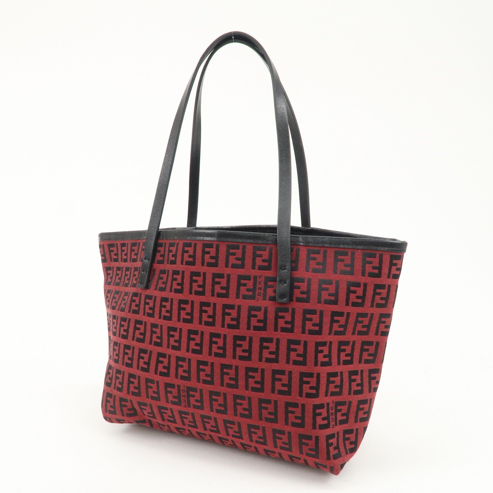 FENDI Zucchino Canvas Leather Mini Tote Bag Red Black 8BH056 Used