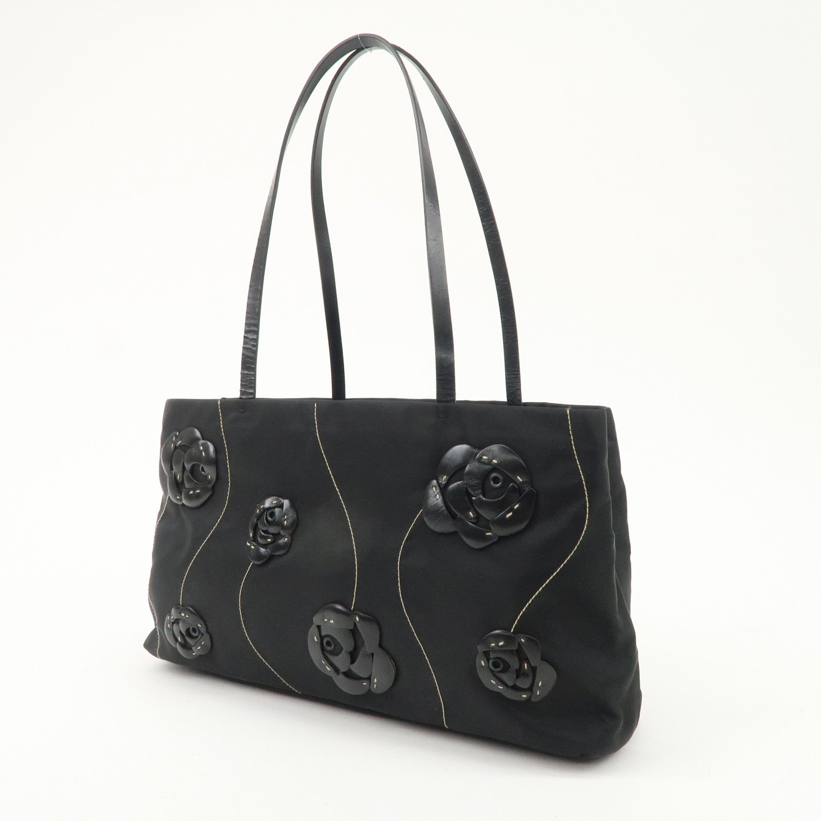 PRADA Traiangle Logo Nylon Leather Flower Tote Bag Black B11033 Used