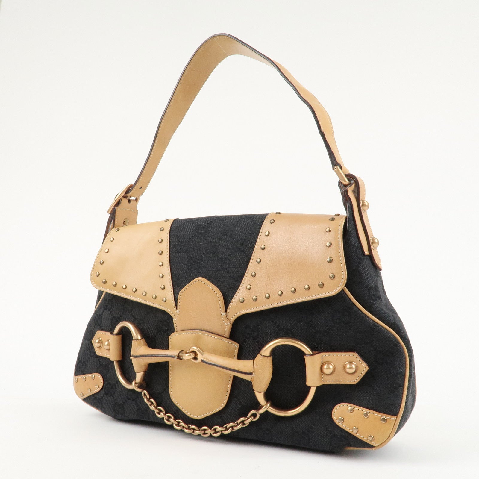 GUCCI Horsebit GG Canvas Leather Studs Shoulder Bag Black 114915