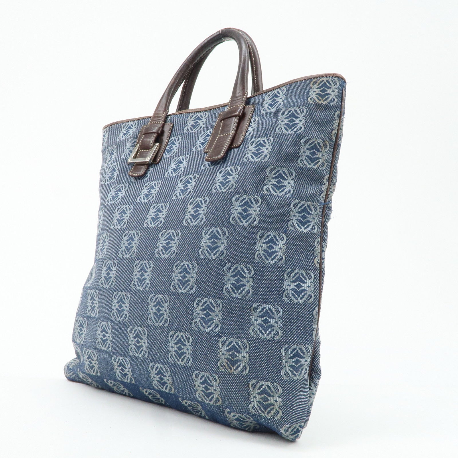 LOEWE Anagram Canvas Leather Tote Bag Blue Brown