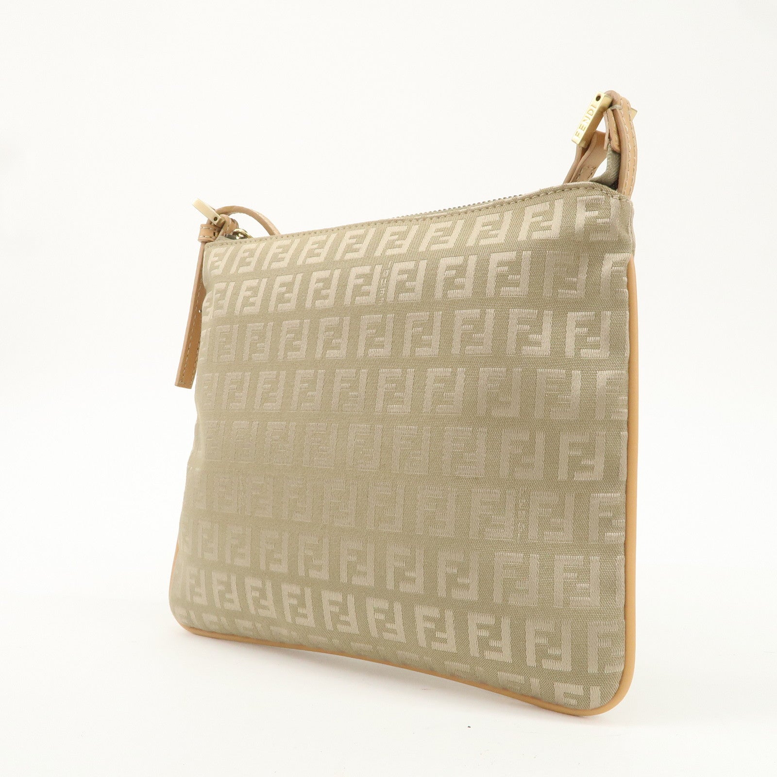 FENDI Zucchino Canvas Leather Shoulder Bag Beige