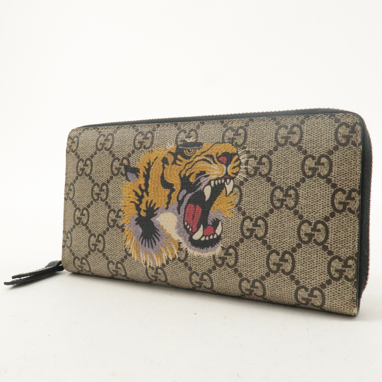 GUCCI GG Supreme Tiger Zip Round Long Wallet Beige Brown 451273