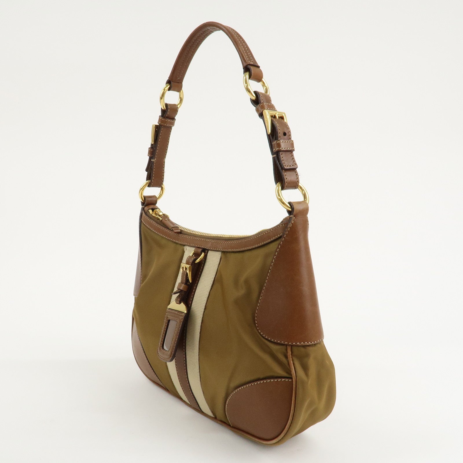 PRADA Nylon Leather One Shoulder Bag Beige Brown