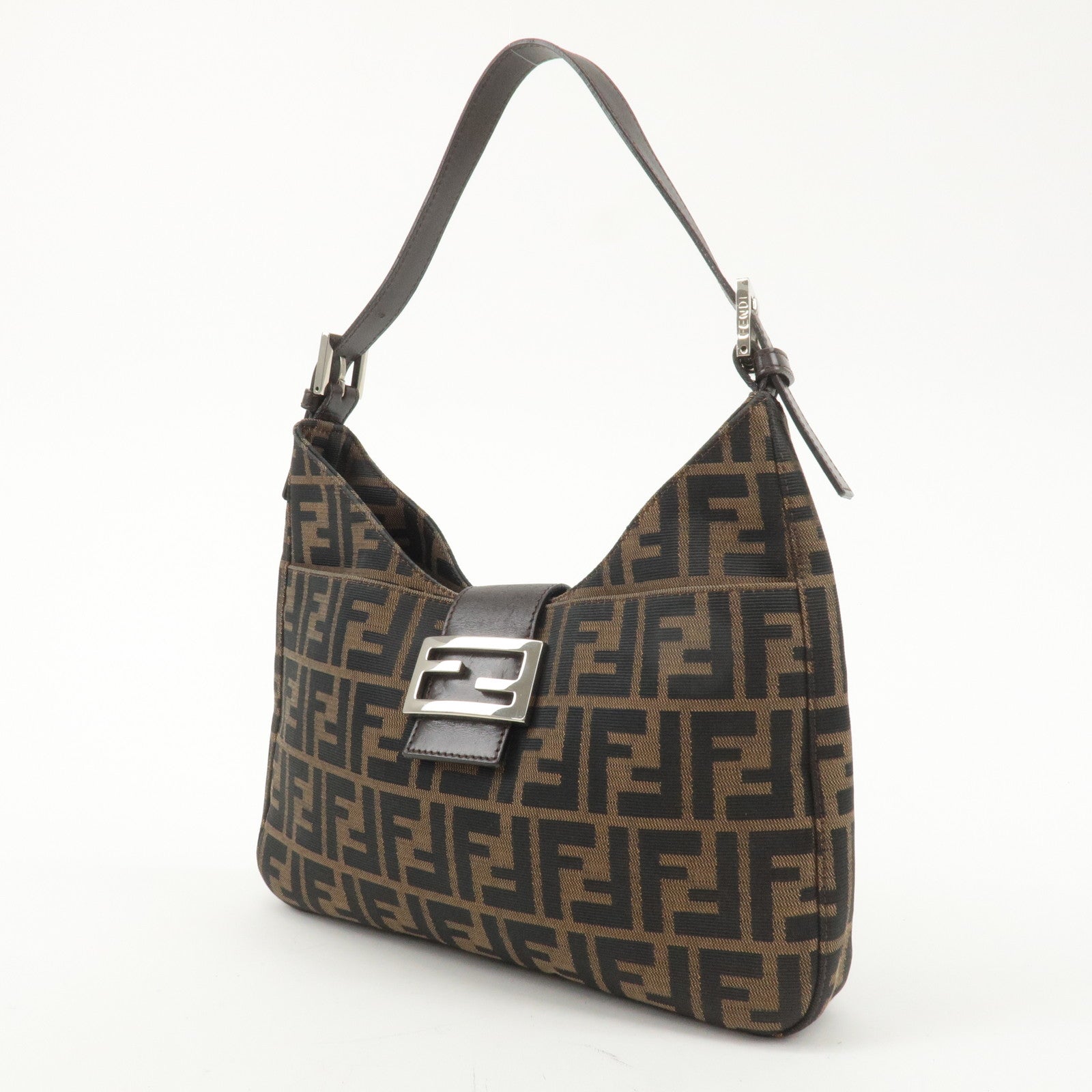 FENDI Zucca Canvas Leather Shoulder Bag Brown Black 26569