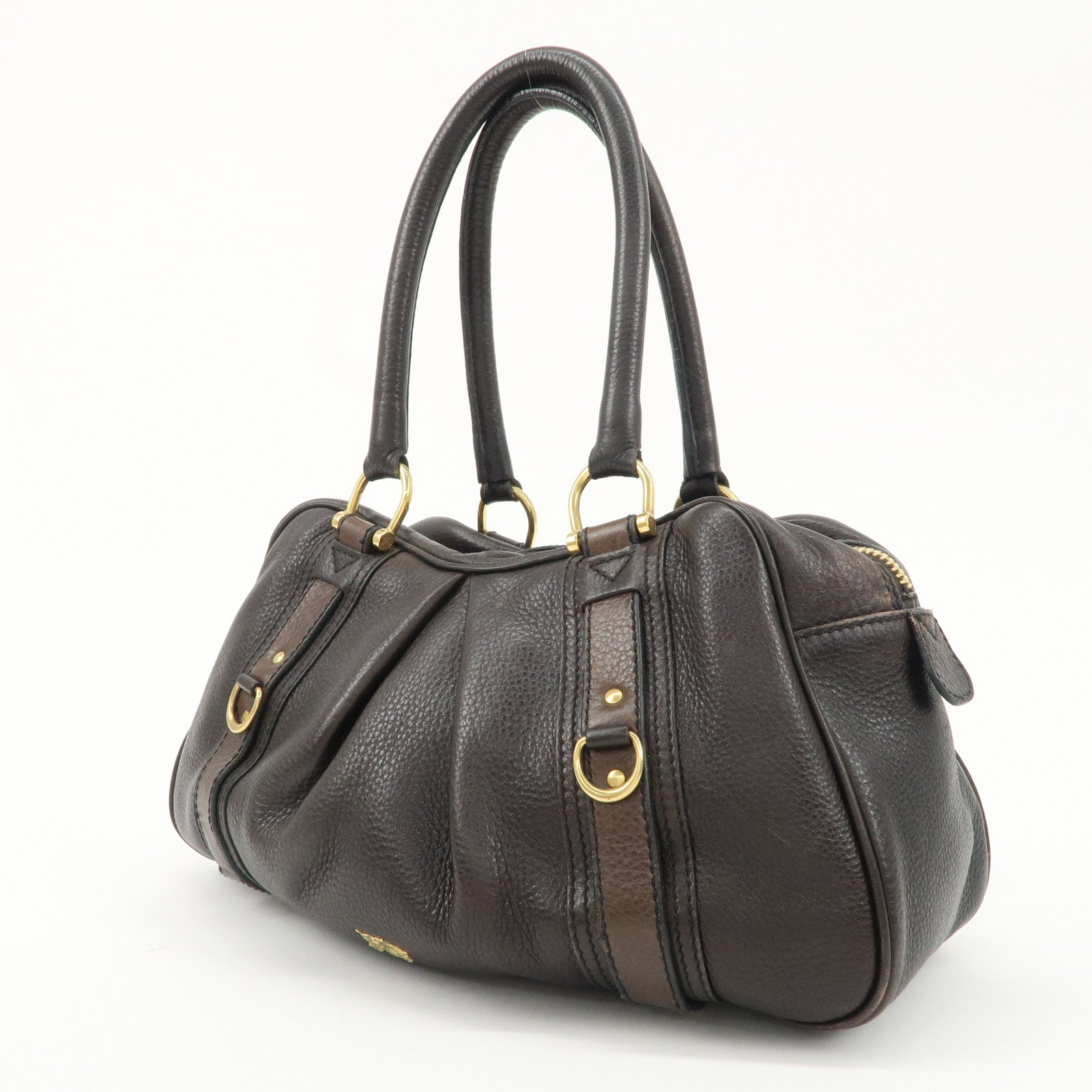 BURBERRY Leather Boston Bag Hand Bag Dark Brown