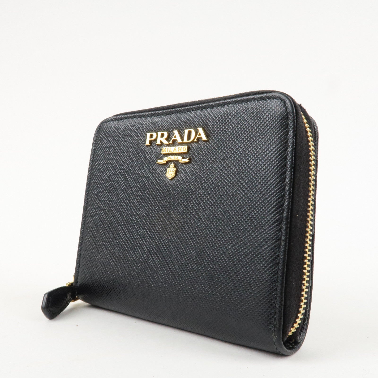 PRADA Logo Leather Zip Around Bi-fold Wallet Black 1ML522 Used