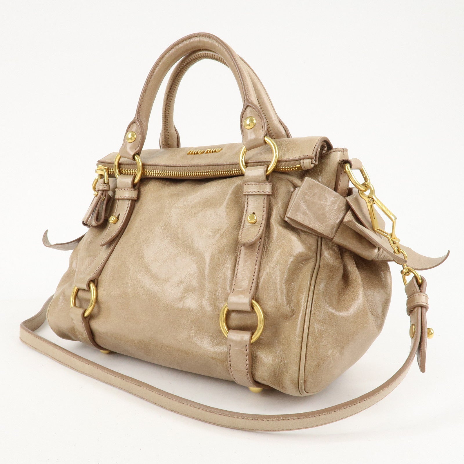 MIU MIU Logo Leather 2WAY HAnd Bag Shoulder Bag Beige Used