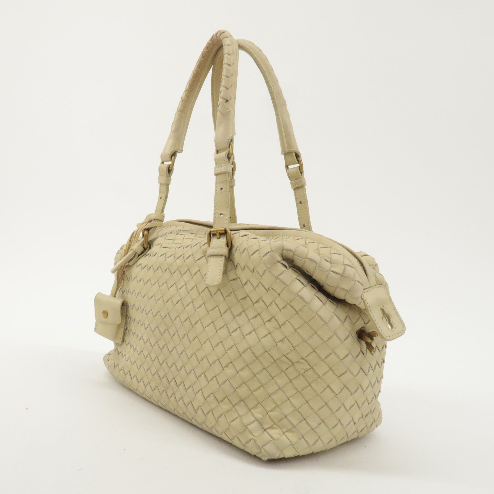 BOTTEGA VENETA Intrecciato Leather Boston Bag Beige 173398