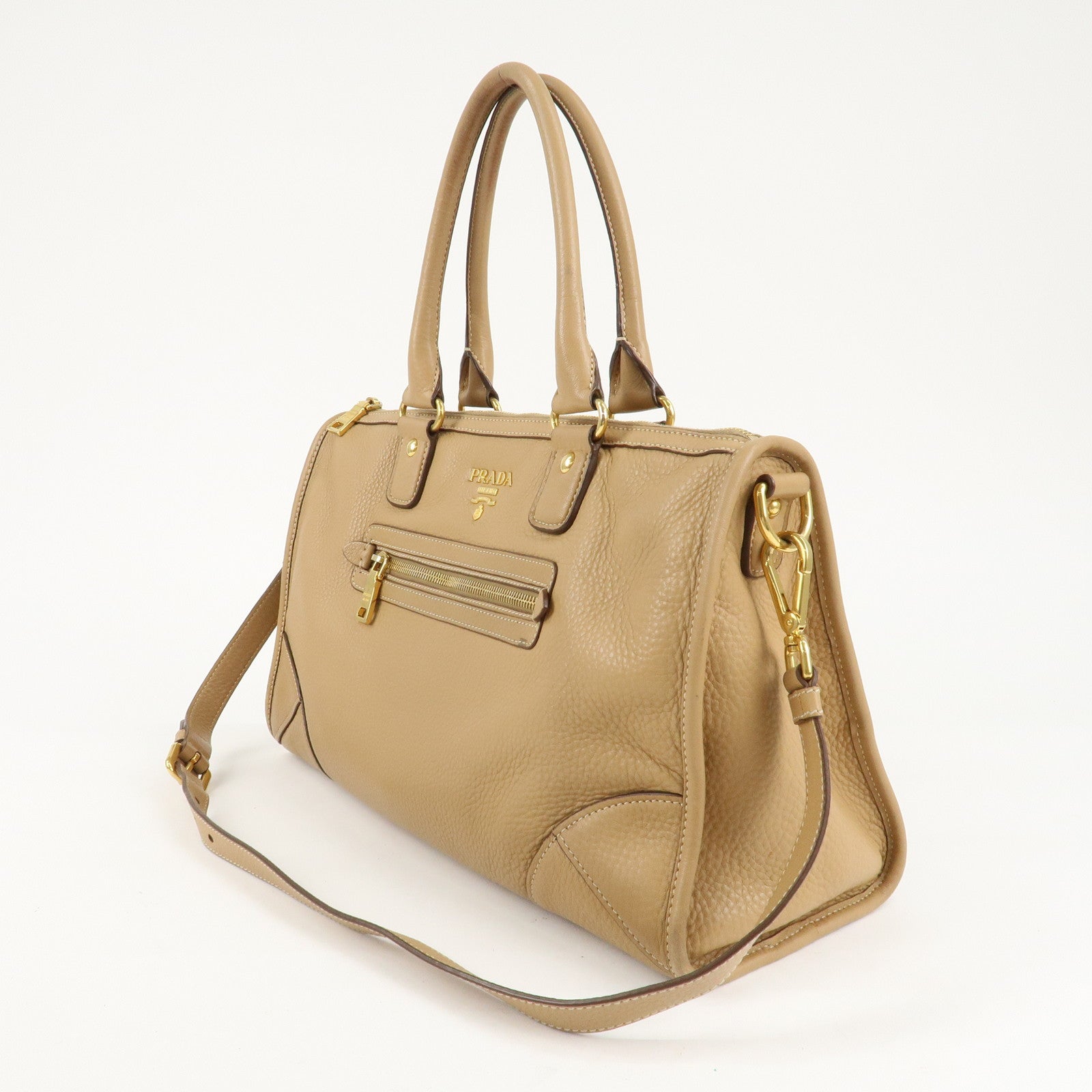 PRADA Logo Leather 2Way Bag Hand Bag Shoulder Bag Beige