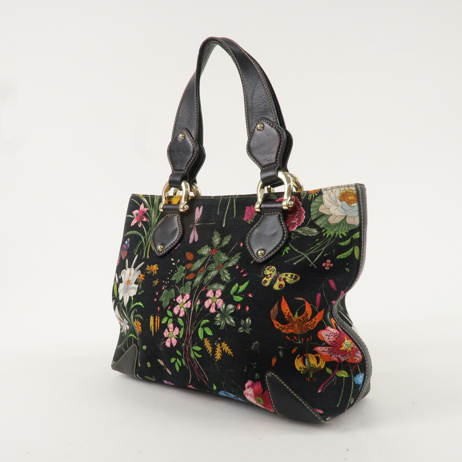 GUCCI Flora Canvas Leather Tote Bag Hand Bag Black 153024