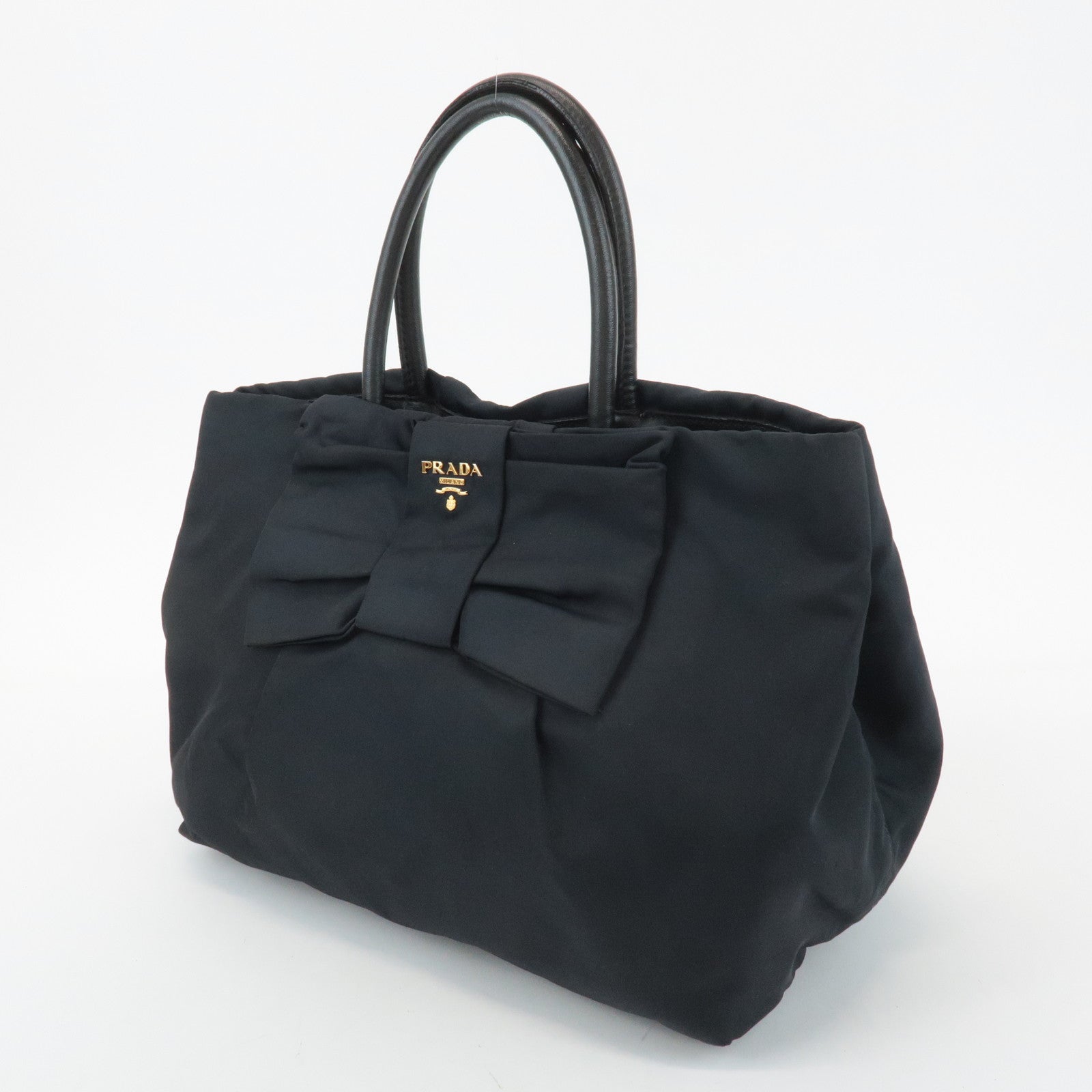 PRADA Logo Nylon Leather Ribbon Tote Bag Hand Bag Black